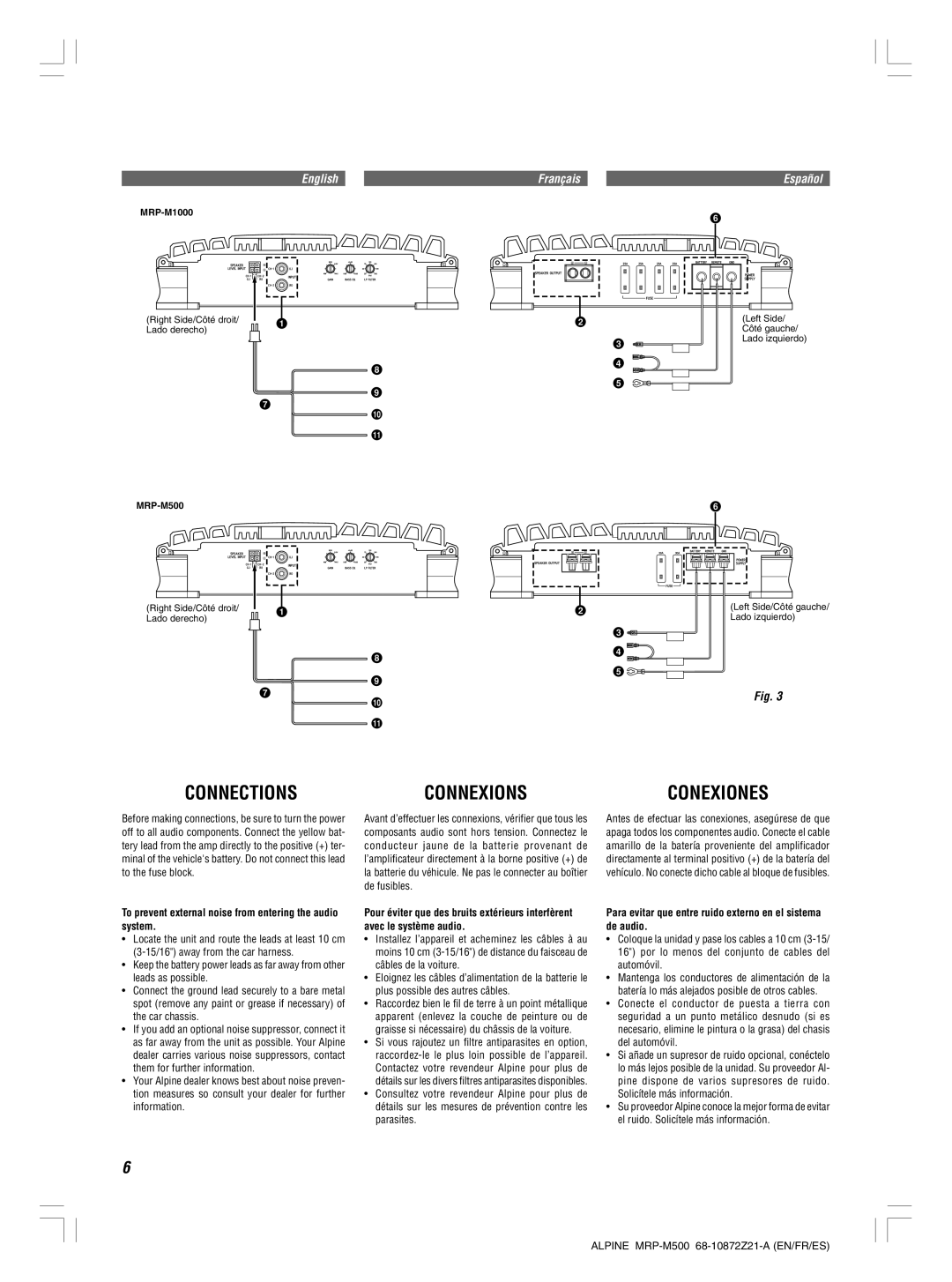 Alpine MRP-M500, MRP-M1000 owner manual Connections Connexions, Conducteur jaune de la batterie provenant de, De fusibles 