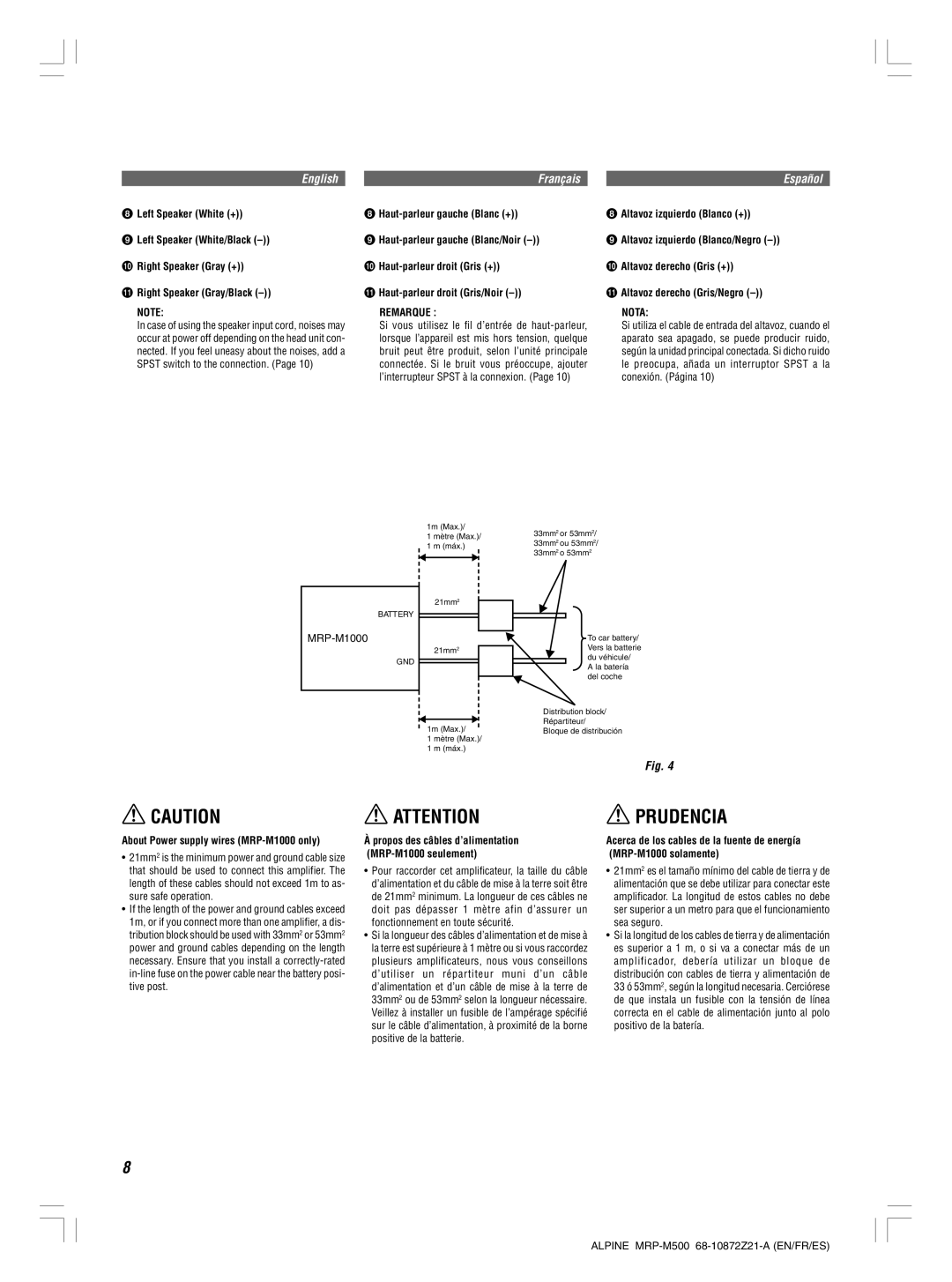 Alpine MRP-M500, MRP-M1000 owner manual Remarque Nota, Si vous utilisez le fil d’entrée de haut-parleur 