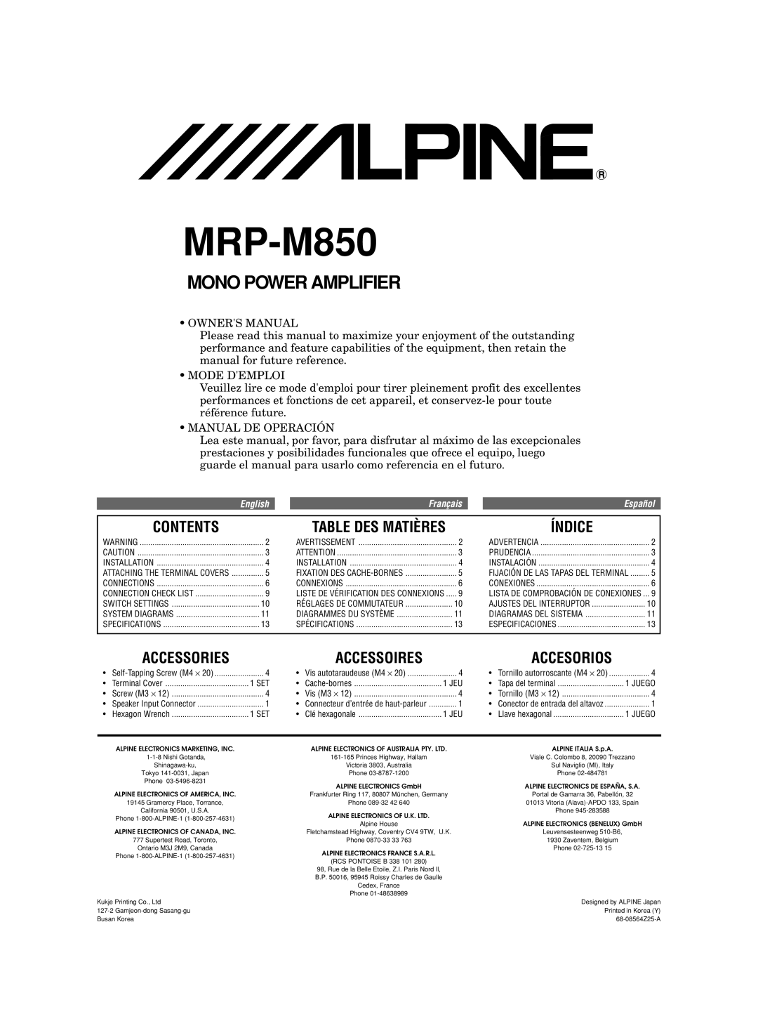 Alpine MRP-M850 owner manual Contents, Índice, Accessories 