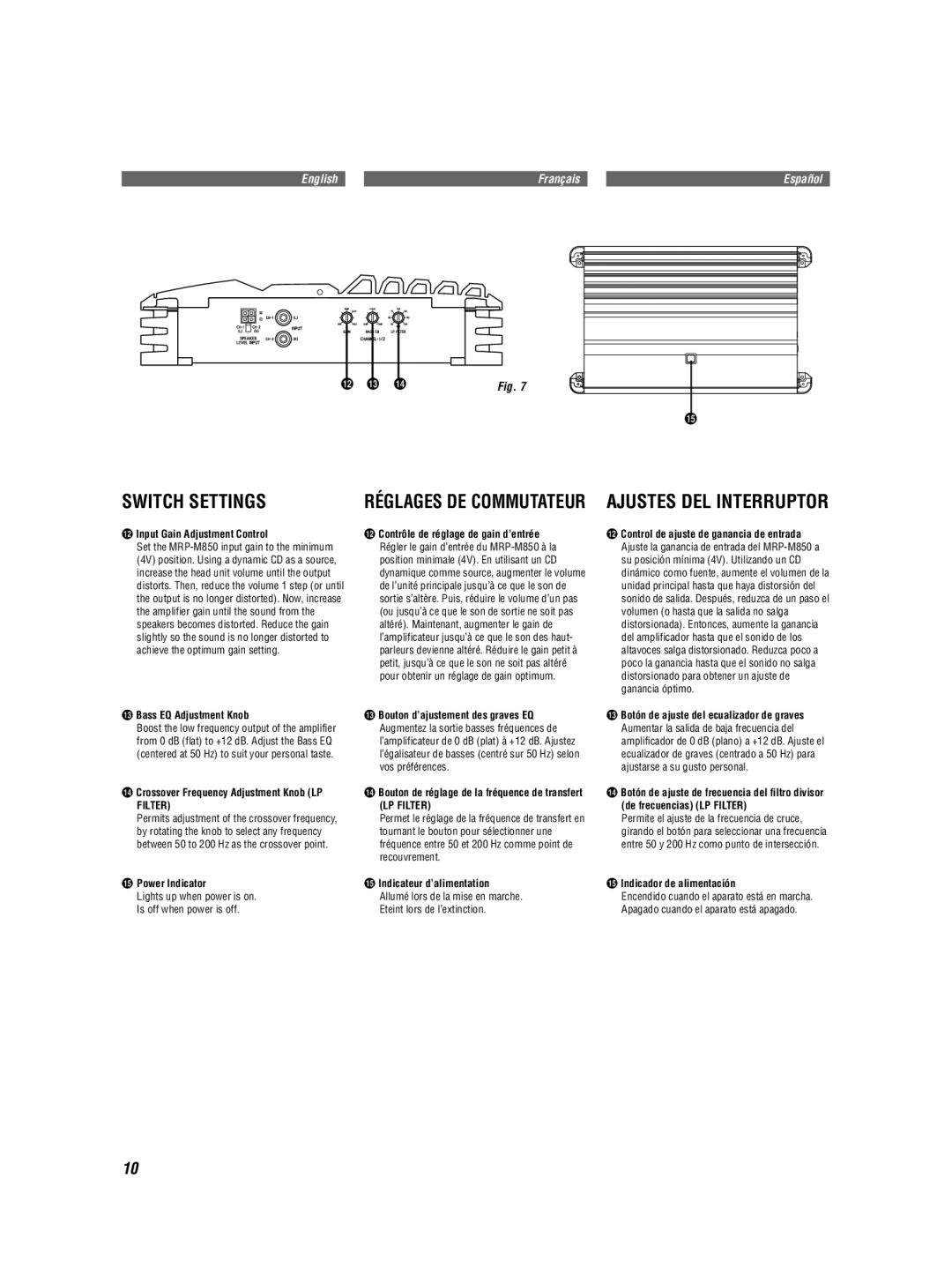 Alpine MRP-M850 owner manual Switch Settings, Ajustes DEL Interruptor, Filter 