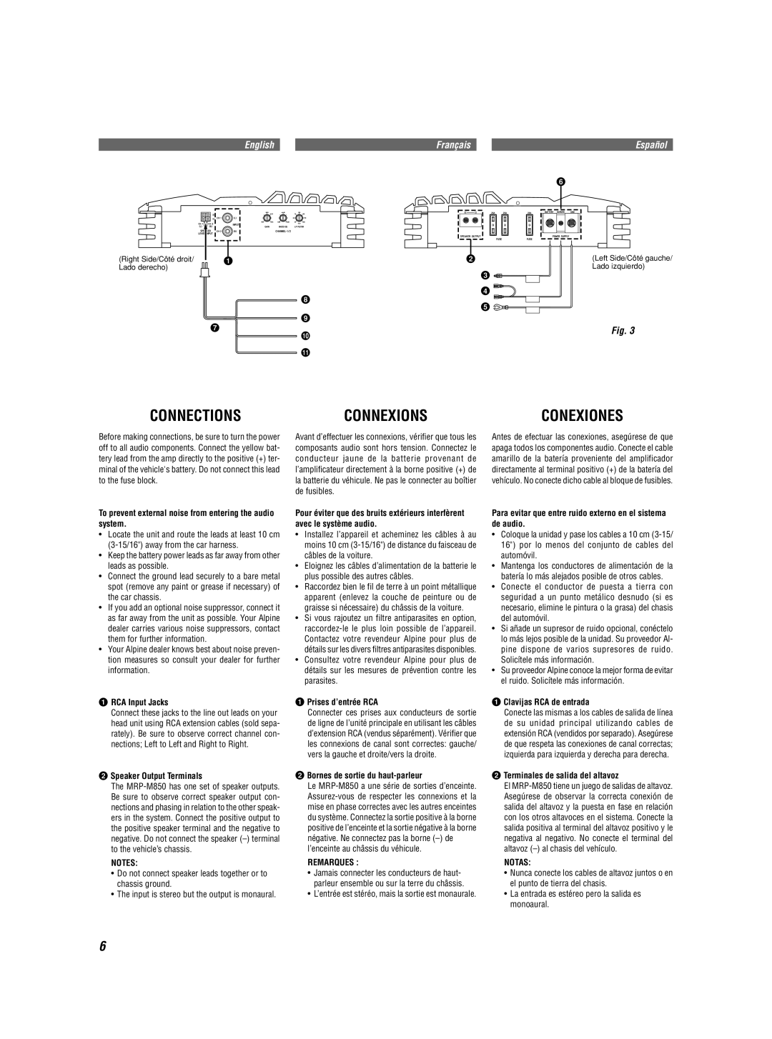 Alpine MRP-M850 owner manual Connections Connexions, Remarques, Notas 