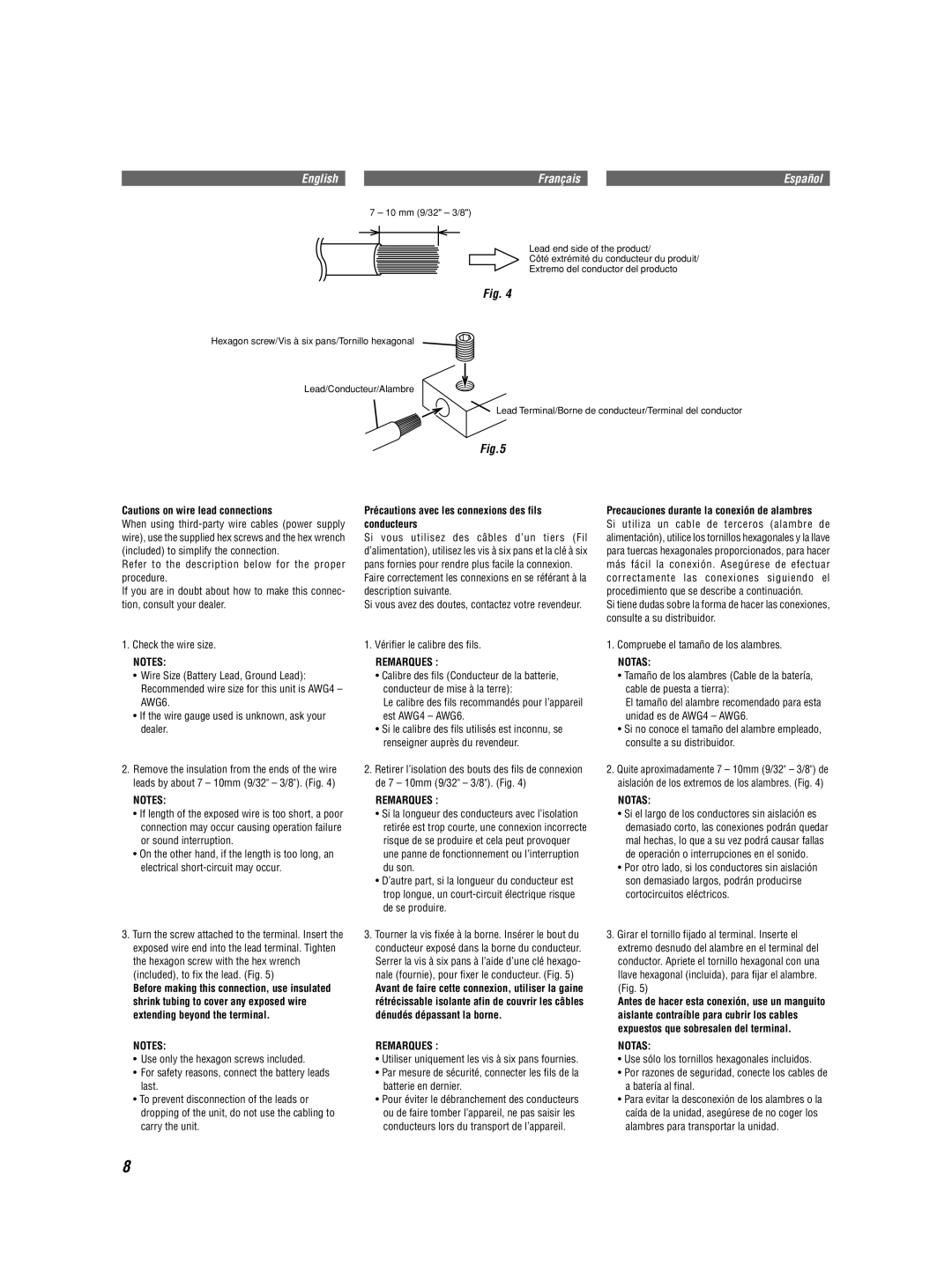 Alpine MRP-M850 owner manual Précautions avec les connexions des fils conducteurs, Vérifier le calibre des fils 