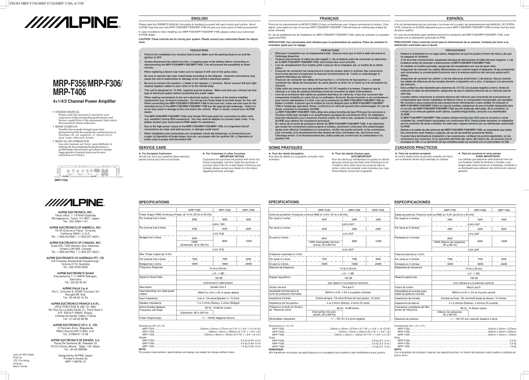 Alpine MRP-F356, MRP-T406, MRP-F306 specifications For European Customers For Customers in other Countries 