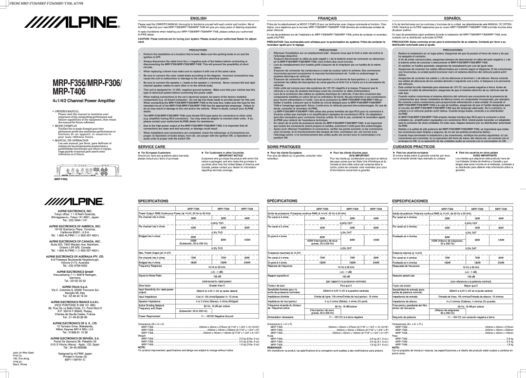 Alpine MRP-F356, MRP-T406 specifications English, Français, Español, Service Care, Soins Pratiques, Cuidados Practicos 
