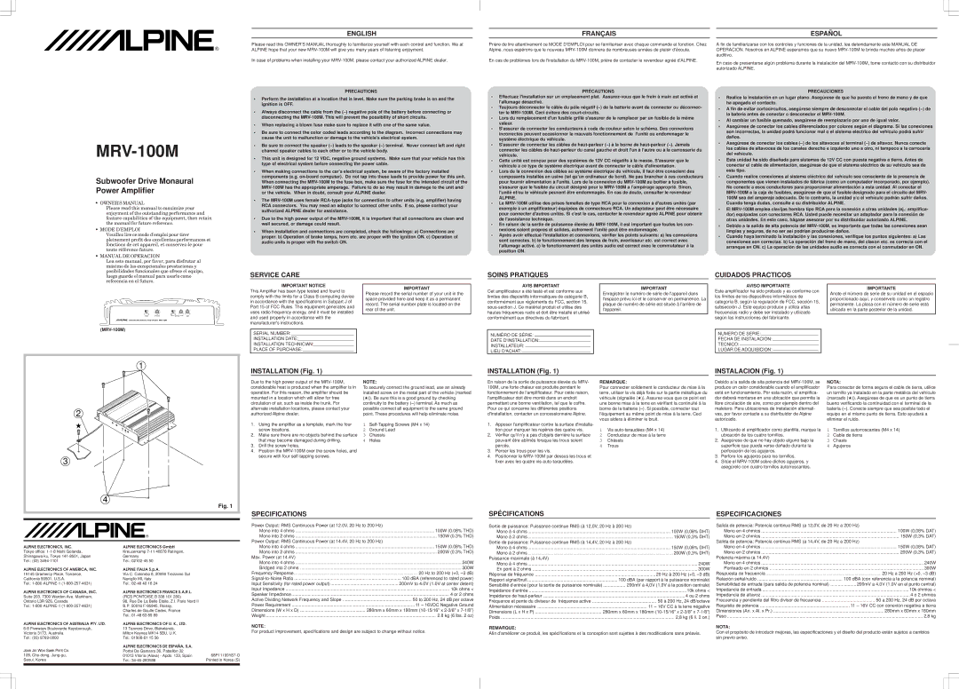 Alpine MRV-100M specifications Precautions, Précautions, Alpine, Precauciones, Important Notice, Avis Important, Remarque 