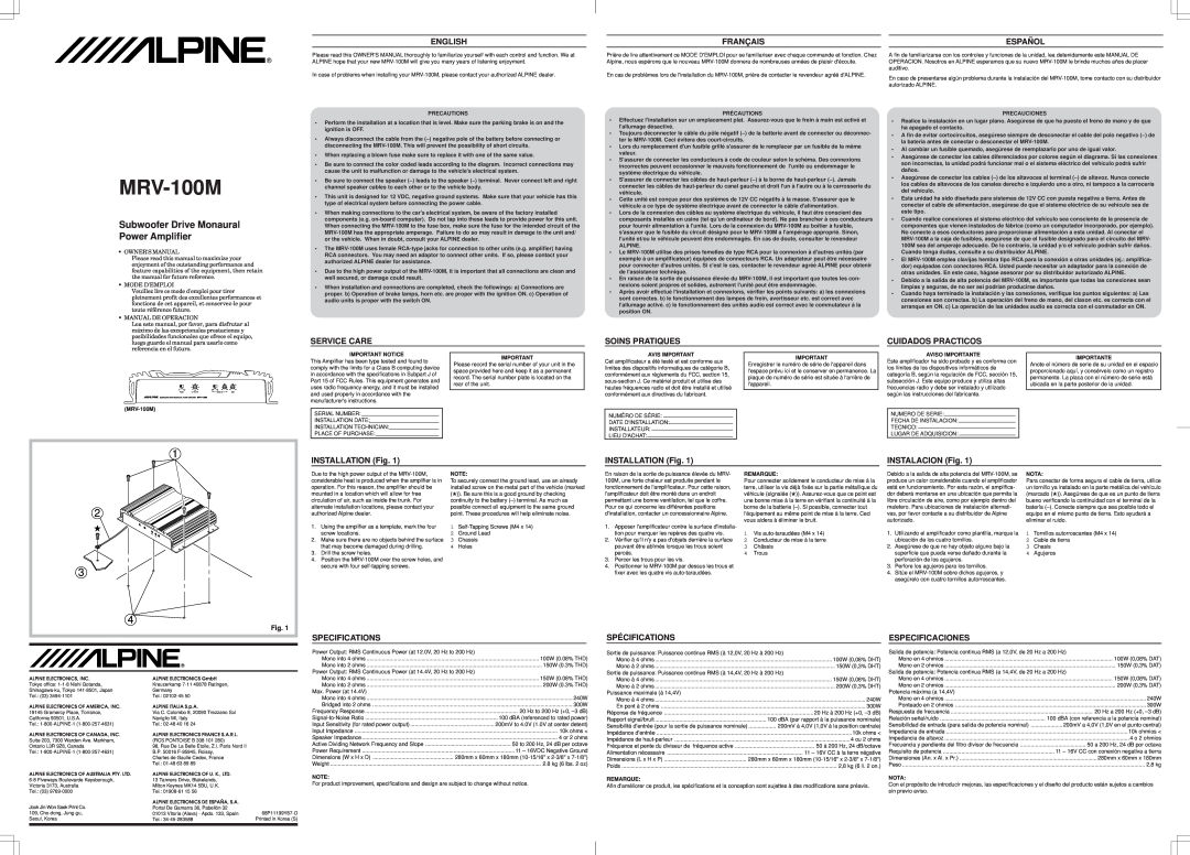 Alpine MRV-100M specifications Subwoofer Drive Monaural Power Amplifier 