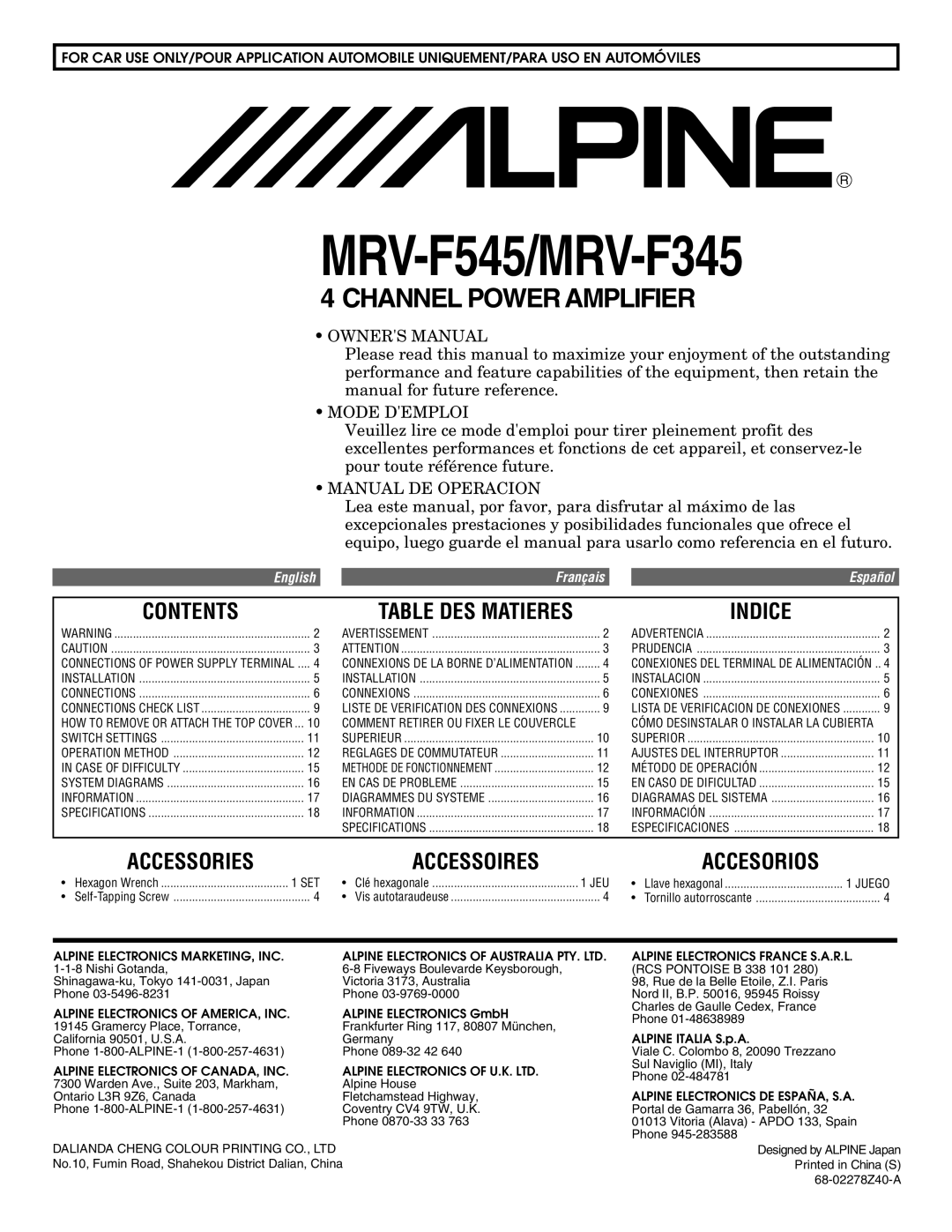 Alpine MRV-F345 owner manual Contents, Indice, Accessories Accessoires, Accesorios 