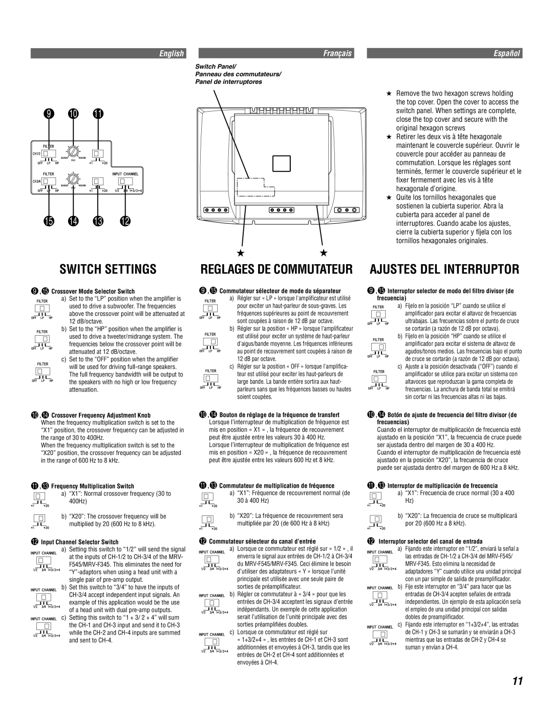 Alpine MRV-F345 owner manual Switch Settings, Ajustes DEL Interruptor, Reglages DE Commutateur 