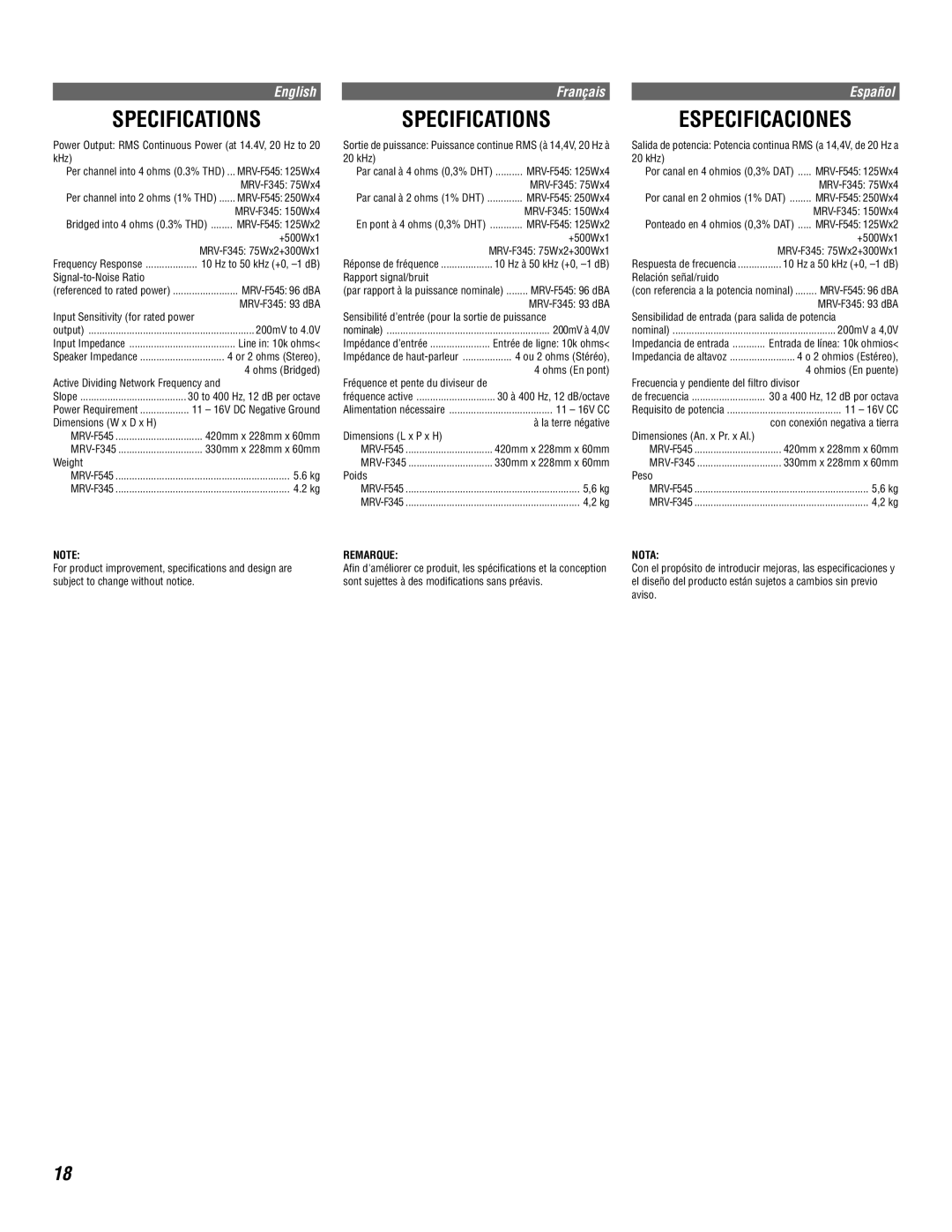 Alpine MRV-F345 owner manual Specifications, Especificaciones 