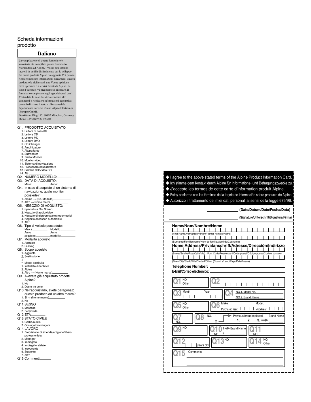 Alpine MRV-F345 owner manual Name/Nom/Nombre/Nome 