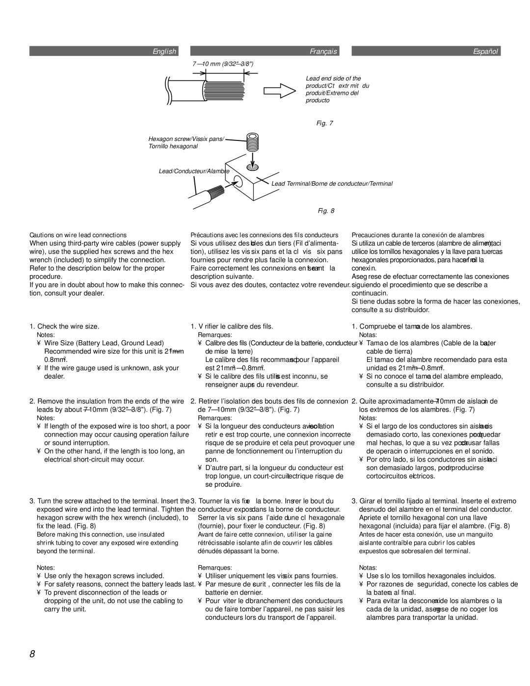 Alpine MRV-F345 owner manual Use only the hexagon screws included, Vérifier le calibre des fils, Remarques, Notas 