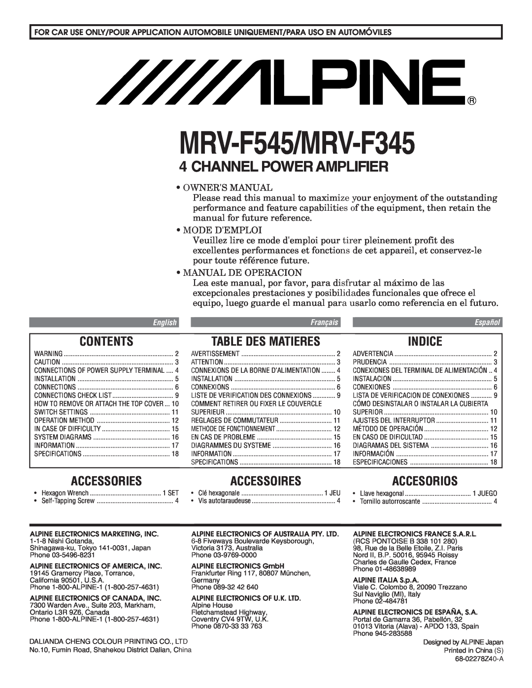 Alpine owner manual Contents, Indice, Accessories, Accessoires, Accesorios, Table Des Matieres, MRV-F545/MRV-F345 