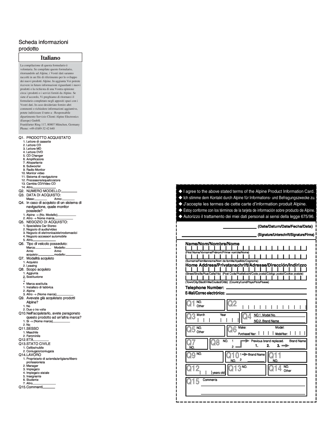 Alpine MRV-F345 owner manual Scheda informazioni prodotto, Italiano, Q9 NO, Q101, Q13NO 