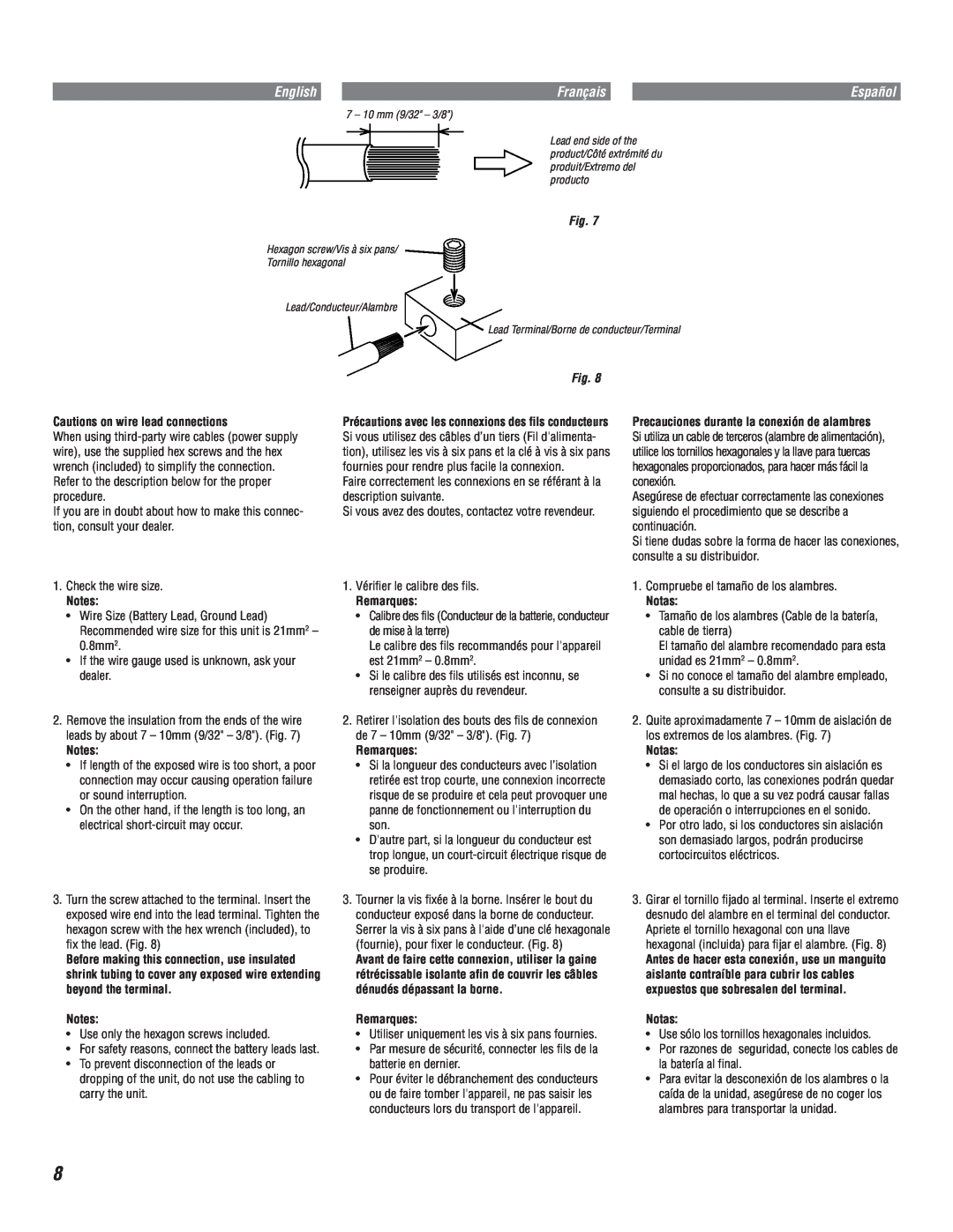 Alpine MRV-F345 owner manual English, Français, Cautions on wire lead connections 