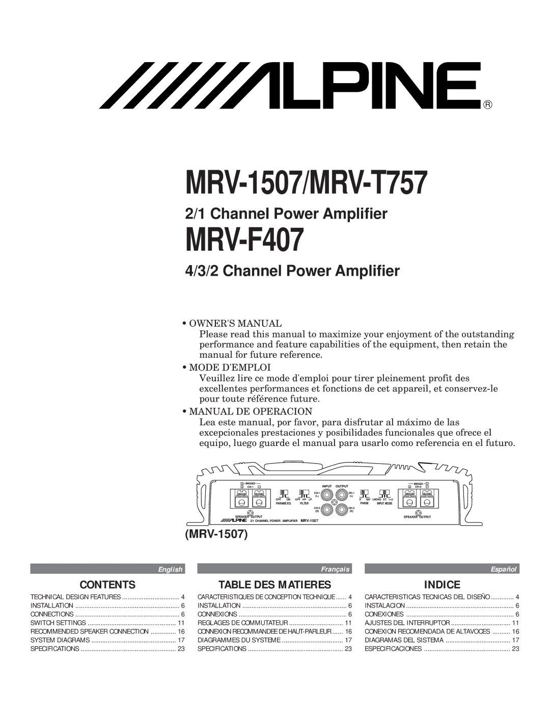 Alpine MRV-T757, MRV-F407, MRV-1507 owner manual Contents, Indice 