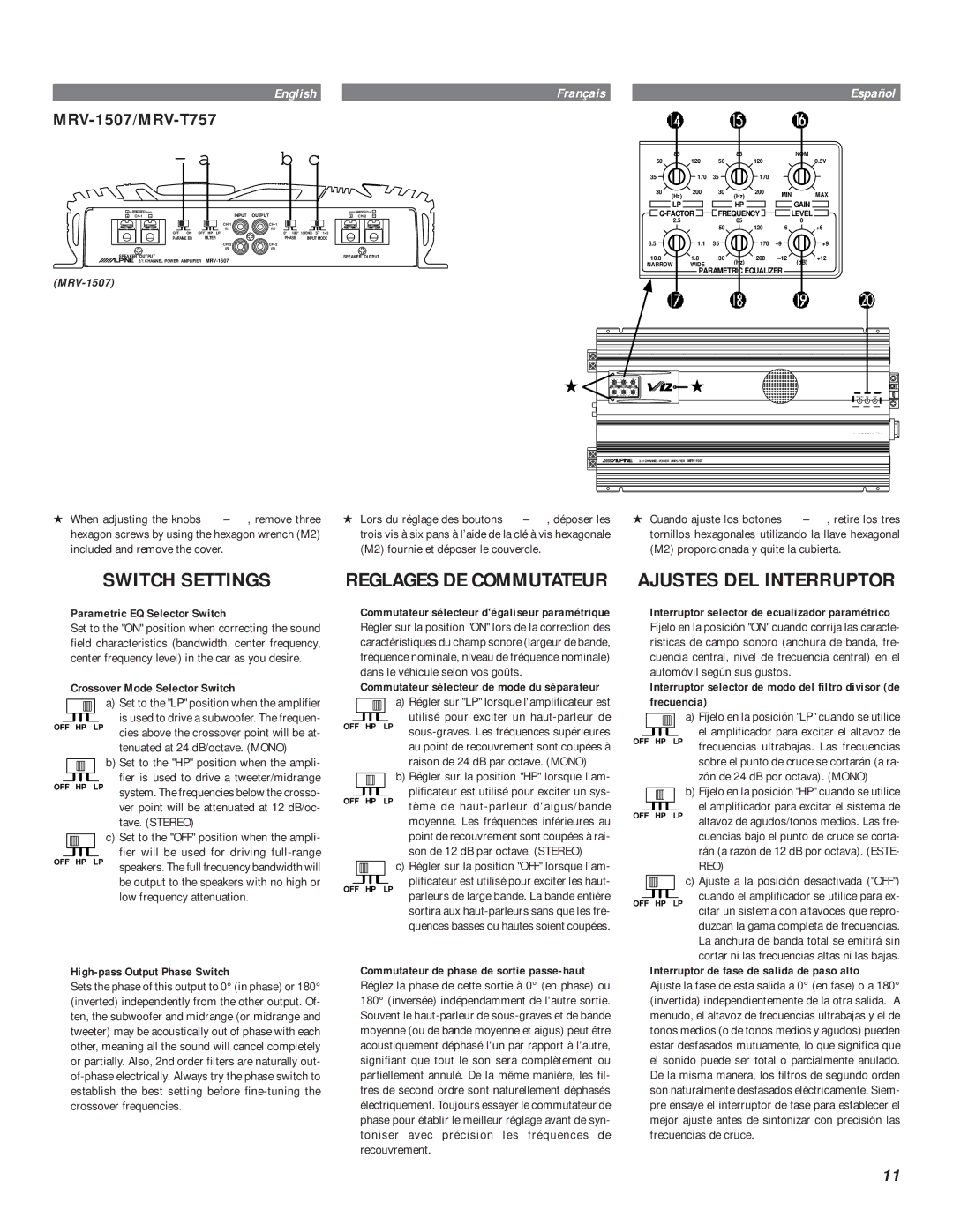 Alpine MRV-1507 Switch Settings, Reglages DE Commutateur, Parametric EQ Selector Switch, Crossover Mode Selector Switch 