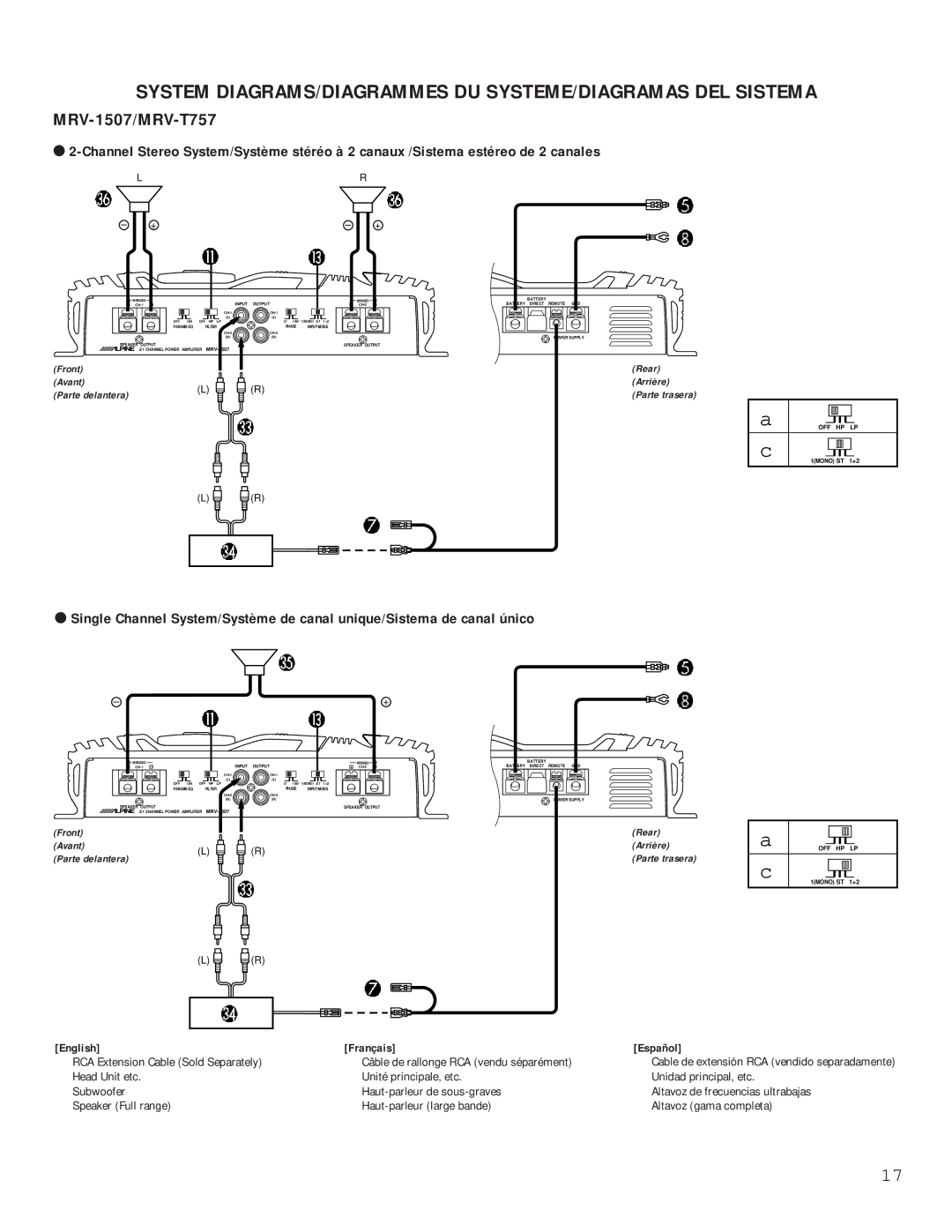 Alpine MRV-1507, MRV-F407, MRV-T757 owner manual English Français Español, Cable de extensión RCA vendido separadamente 