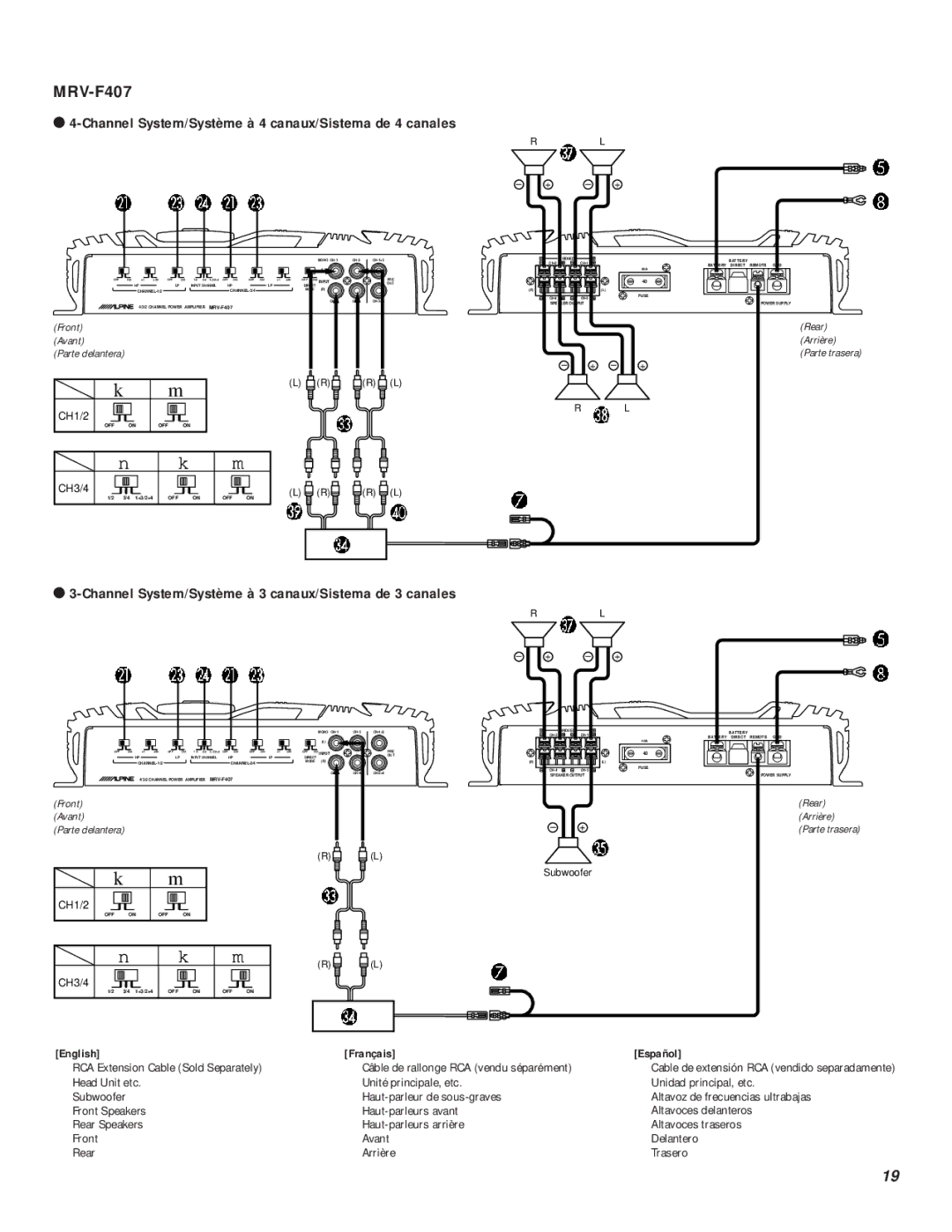 Alpine MRV-T757, MRV-F407, MRV-1507 owner manual English, Français Español, CH1/2, + +, Subwoofer 