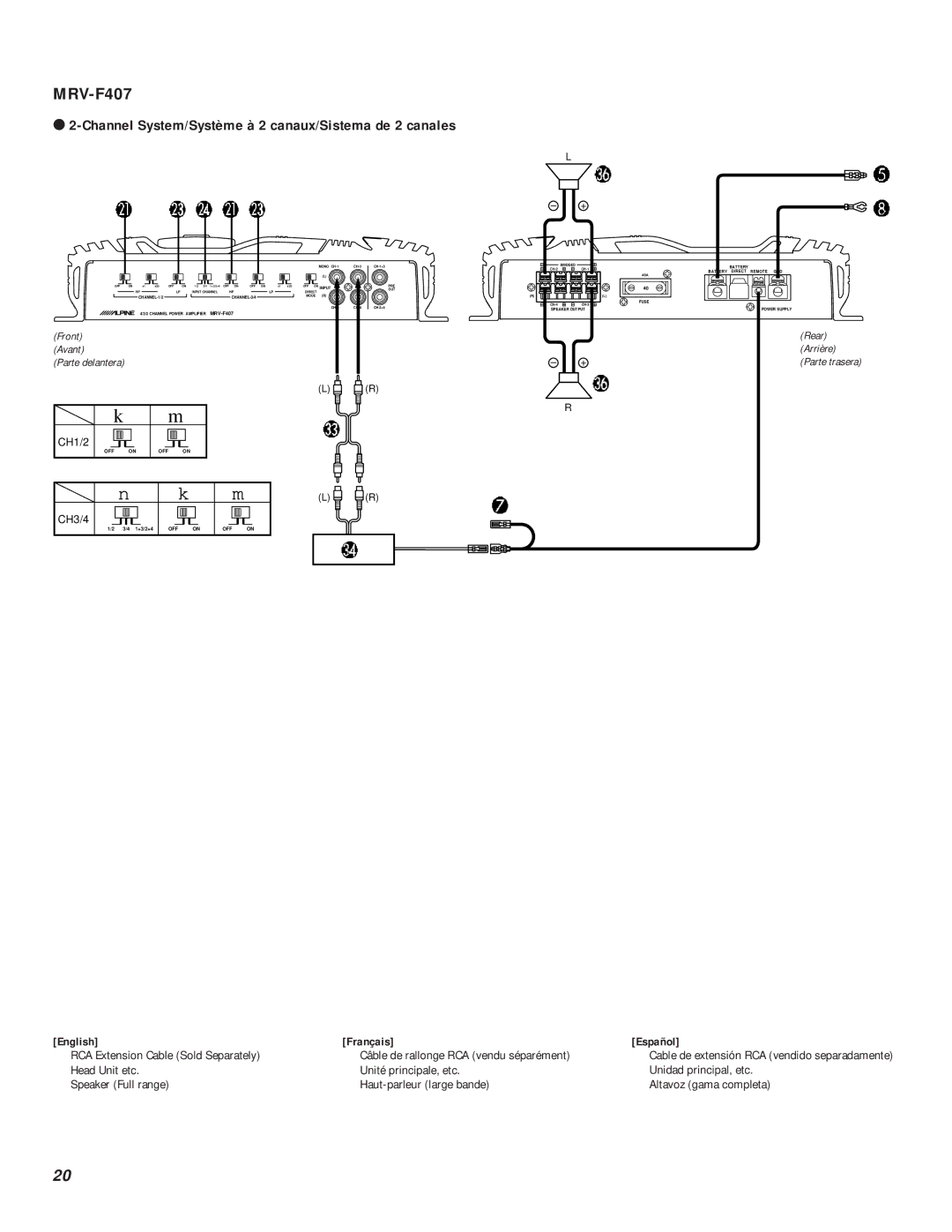 Alpine MRV-1507, MRV-F407, MRV-T757 owner manual Channel System/Système à 2 canaux/Sistema de 2 canales, CH1/2 