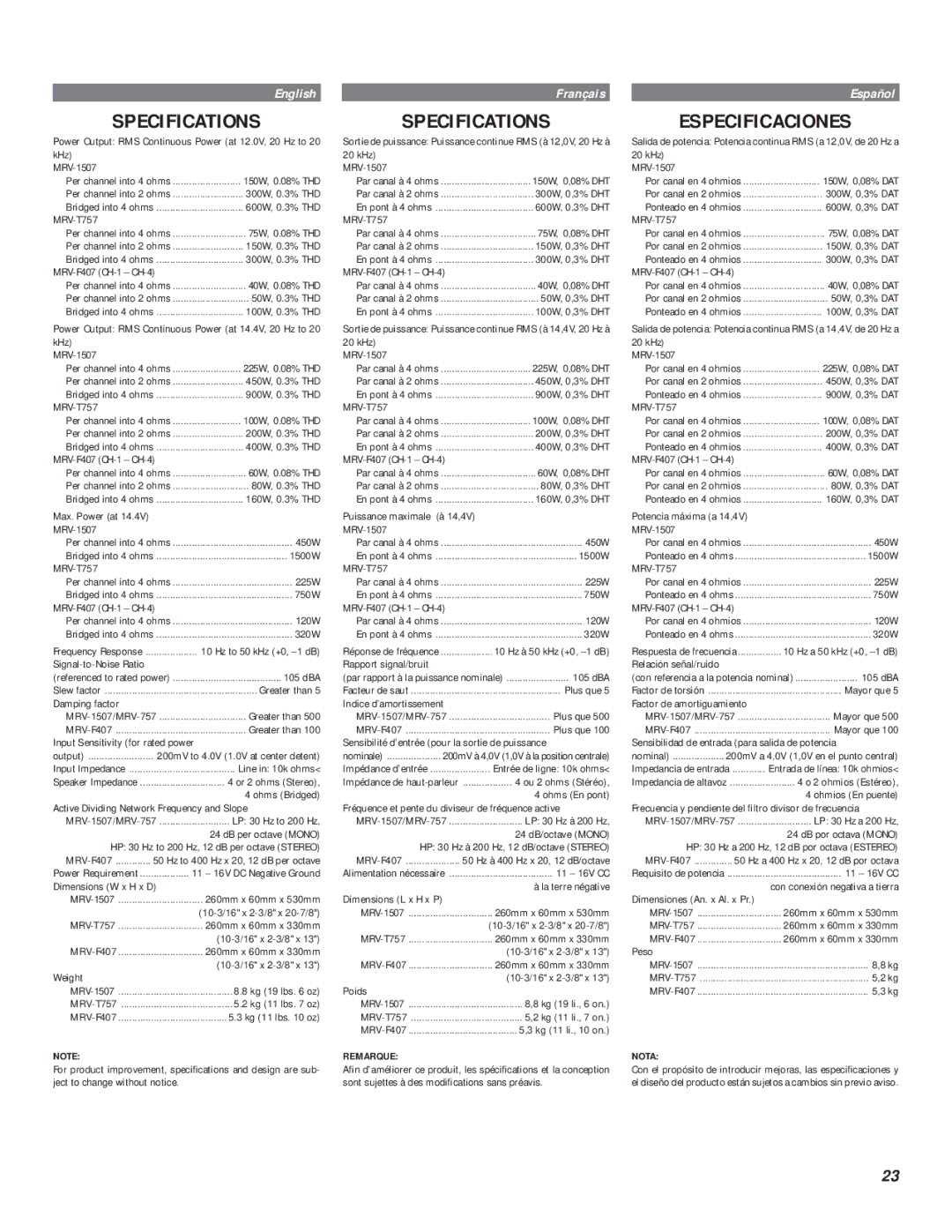 Alpine MRV-1507, MRV-F407, MRV-T757 owner manual Specifications, Especificaciones 