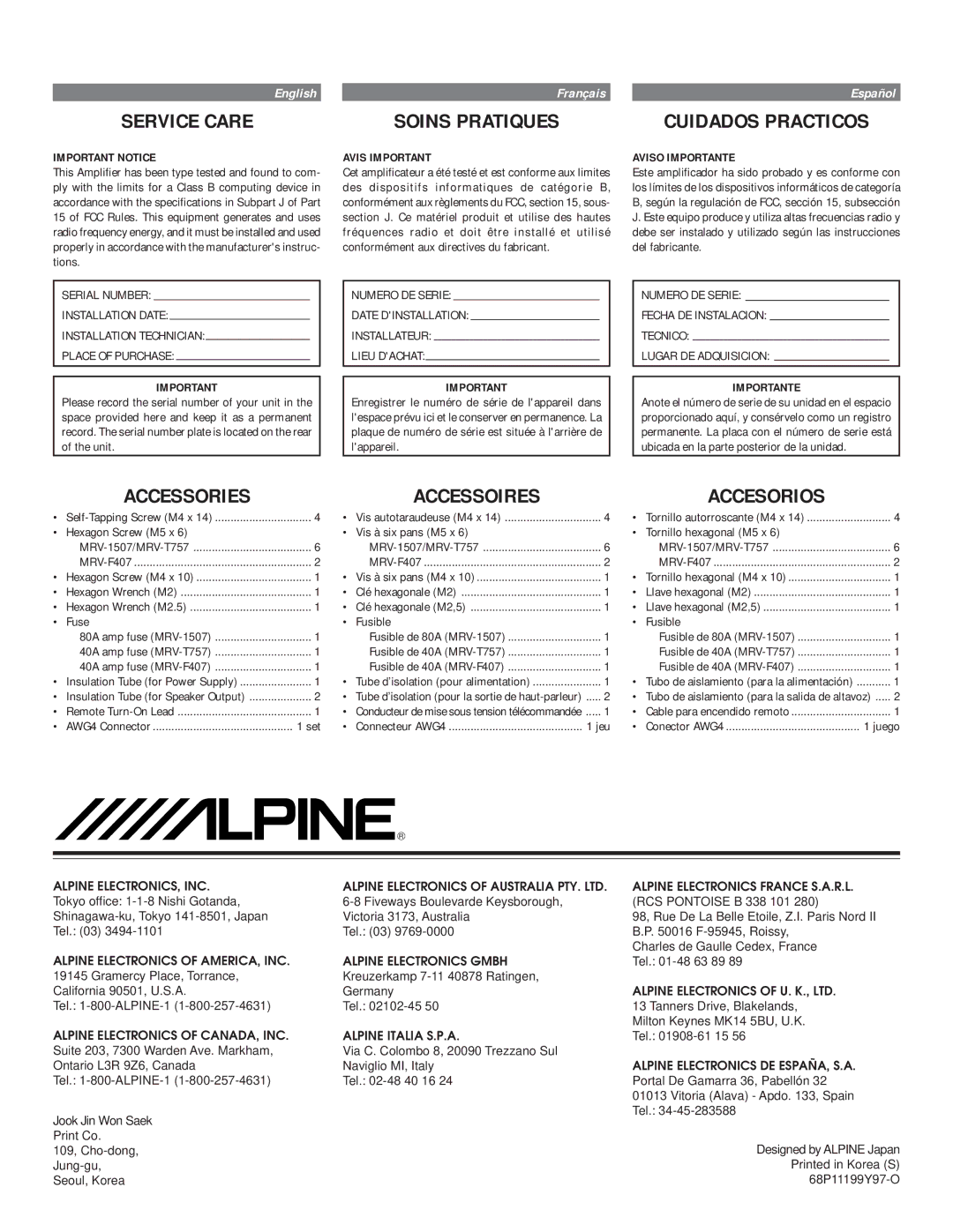 Alpine MRV-F407, MRV-T757, MRV-1507 Service Care, Soins Pratiques, Cuidados Practicos, Accessories Accessoires Accesorios 