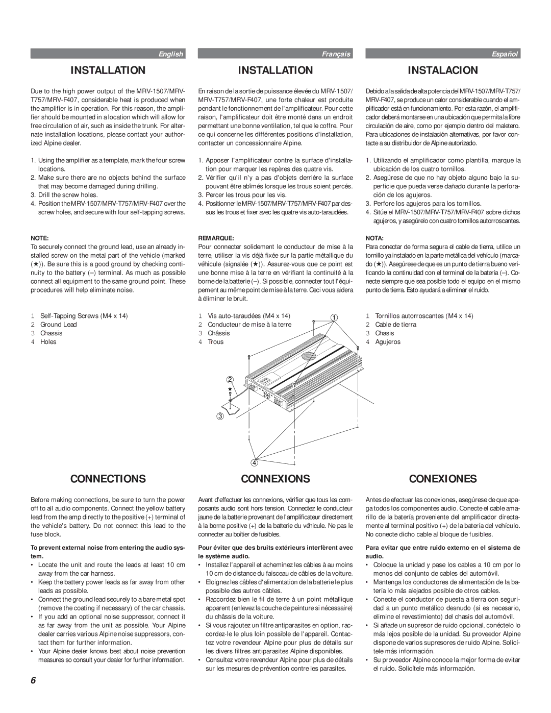 Alpine MRV-F407, MRV-T757, MRV-1507 owner manual Connections, Connexions, Conexiones, Remarque, Nota 