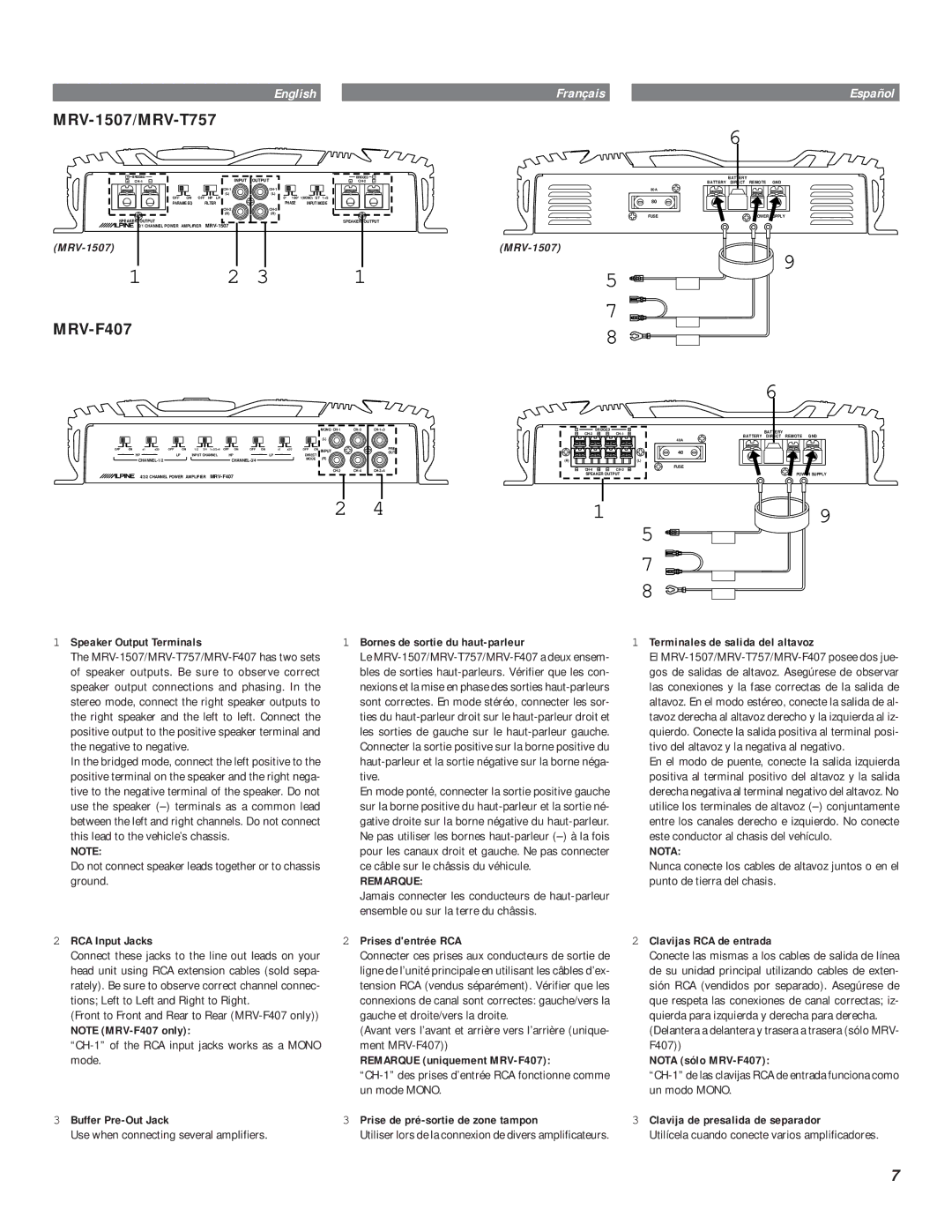 Alpine MRV-T757, MRV-F407 Speaker Output Terminals, Bornes de sortie du haut-parleur, Terminales de salida del altavoz 