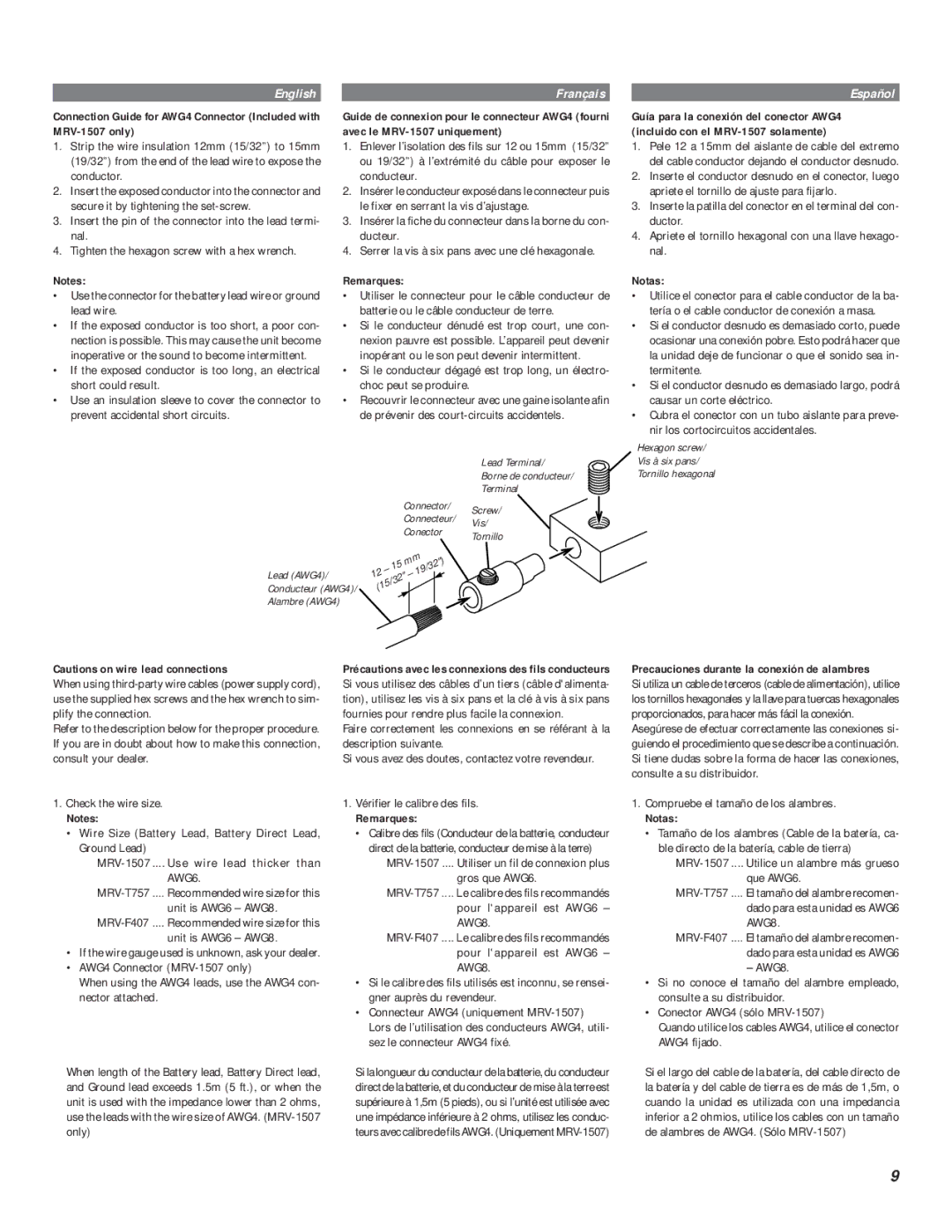 Alpine MRV-F407, MRV-T757, MRV-1507 owner manual Remarques, Notas, Precauciones durante la conexión de alambres 