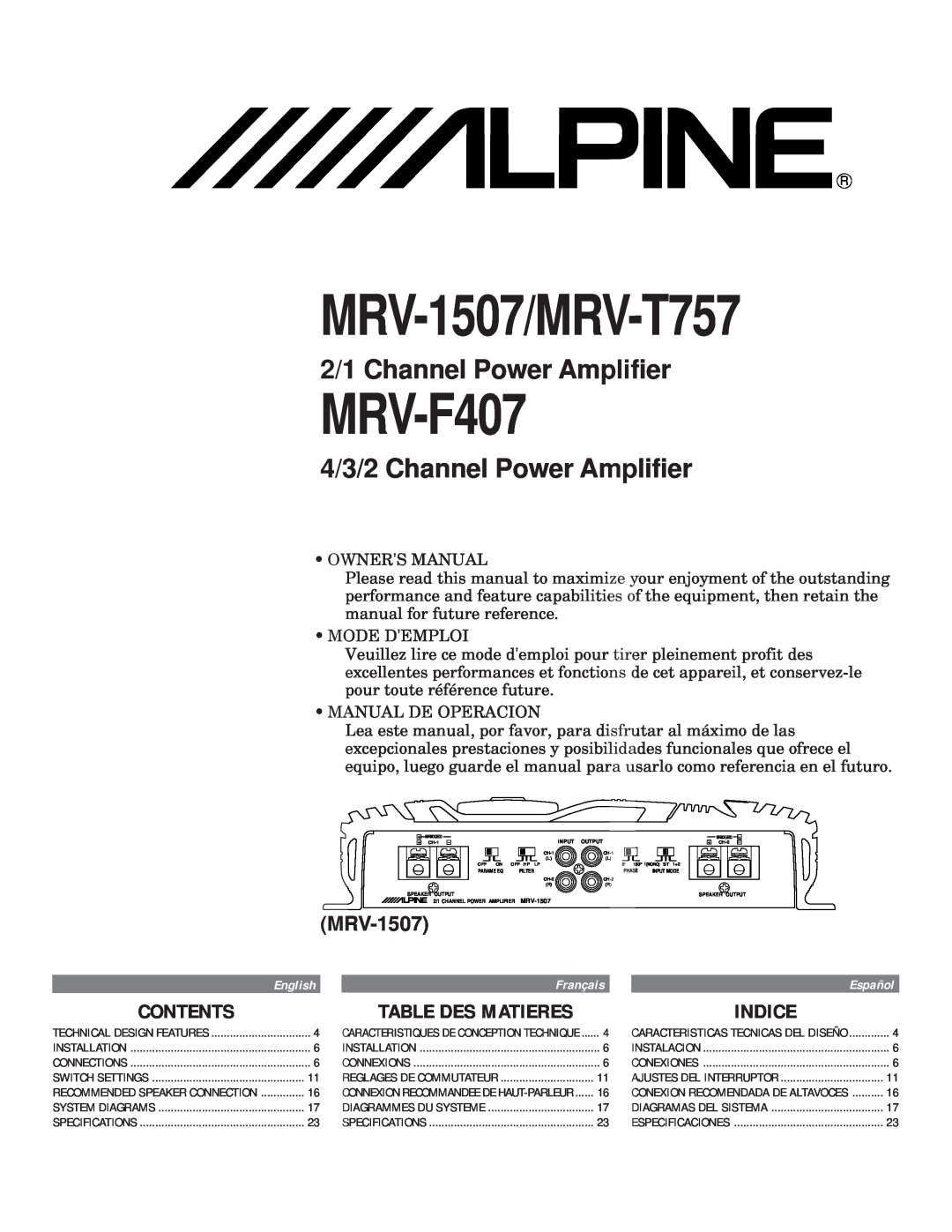 Alpine owner manual Contents, Indice, Table Des Matieres, MRV-1507/MRV-T757, MRV-F407, 2/1 Channel Power Amplifier 