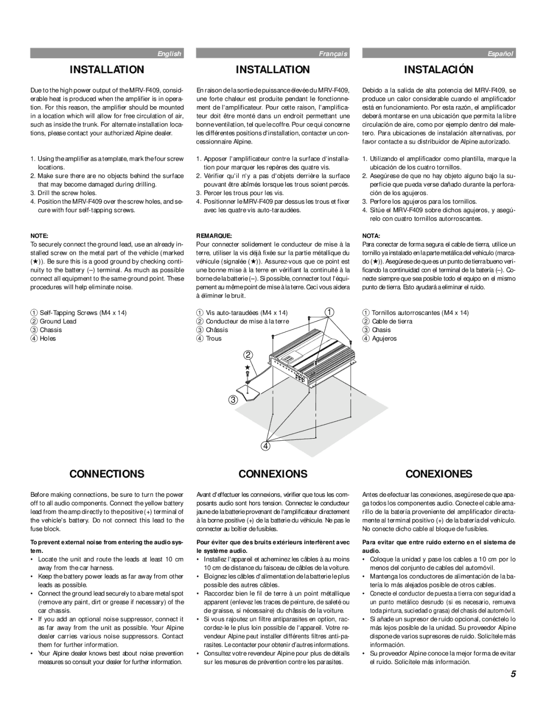 Alpine MRV-F409 owner manual Connections Connexions, To prevent external noise from entering the audio sys- tem 