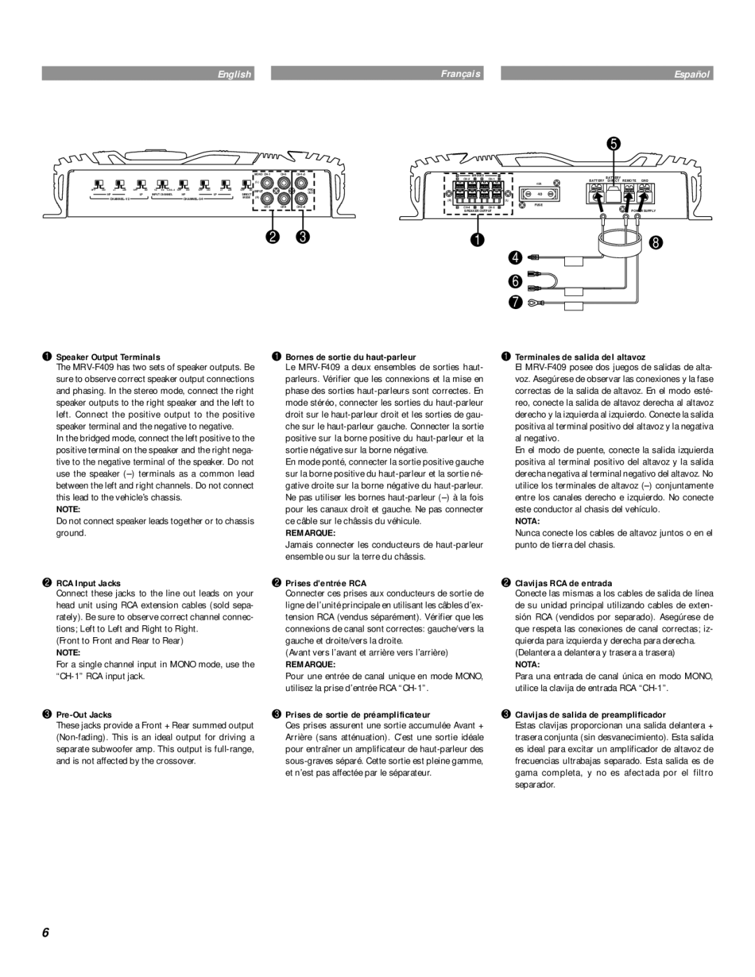 Alpine MRV-F409 owner manual Speaker Output Terminals, RCA Input Jacks, Pre-Out Jacks, Bornes de sortie du haut-parleur 