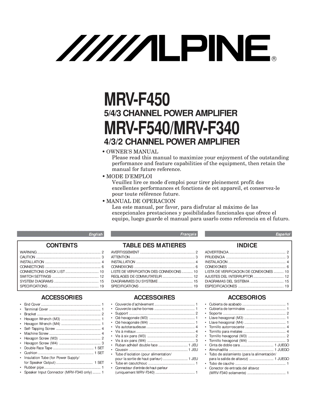 Alpine MRV-F340 owner manual Contents, Indice, Accessories Accessoires, Ruban adhésif double face, Cinta de doble cara 