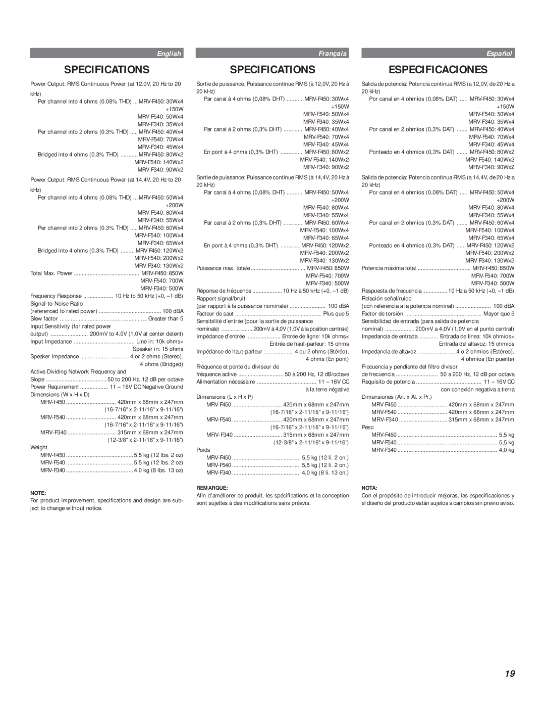 Alpine MRV-F340, MRV-F540, MRV-F450 owner manual Specifications, Especificaciones 