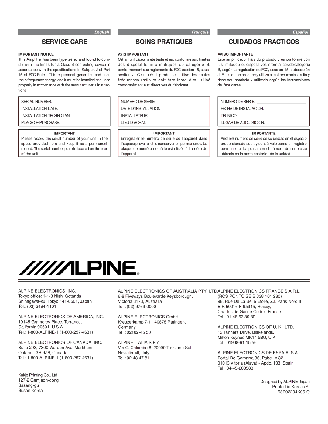 Alpine MRV-F450, MRV-F540, MRV-F340 owner manual Service Care, Soins Pratiques, Cuidados Practicos 