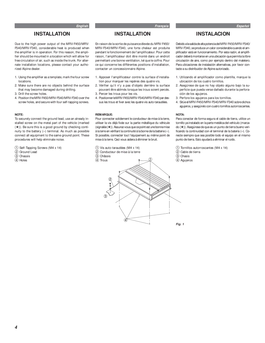 Alpine MRV-F340 Drill the screw holes, Self-Tapping Screws M4 x Ground Lead Chassis Holes, Percer les trous pour les vis 