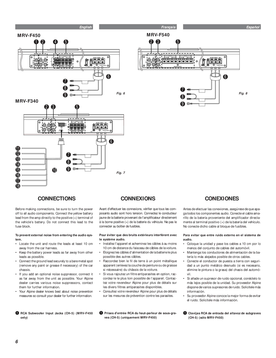 Alpine MRV-F540, MRV-F340, MRV-F450 Connections Connexions, To prevent external noise from entering the audio sys- tem 