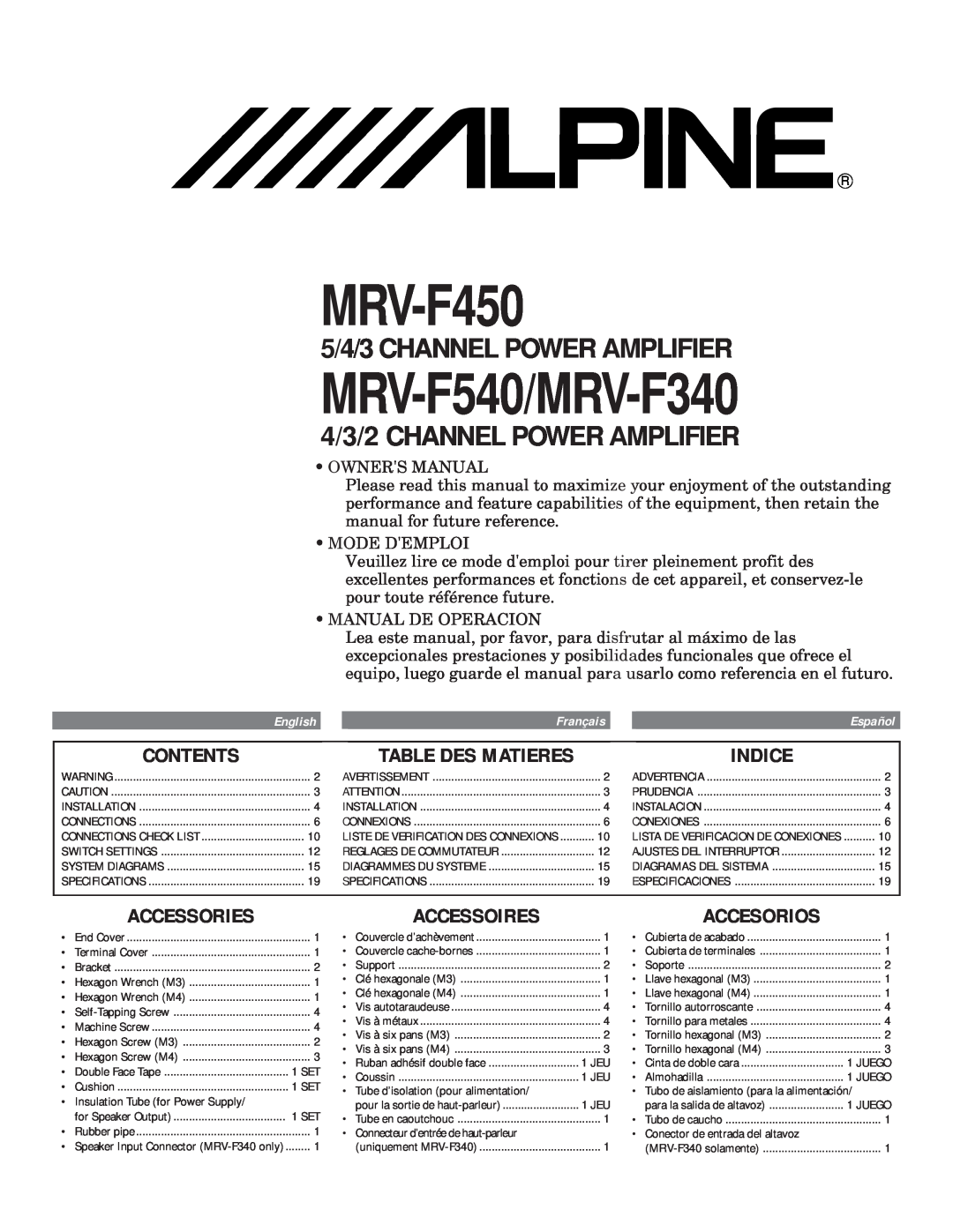Alpine MRV-F340 owner manual Contents, Indice, Accessories, Accessoires, Accesorios, Table Des Matieres, MRV-F450 
