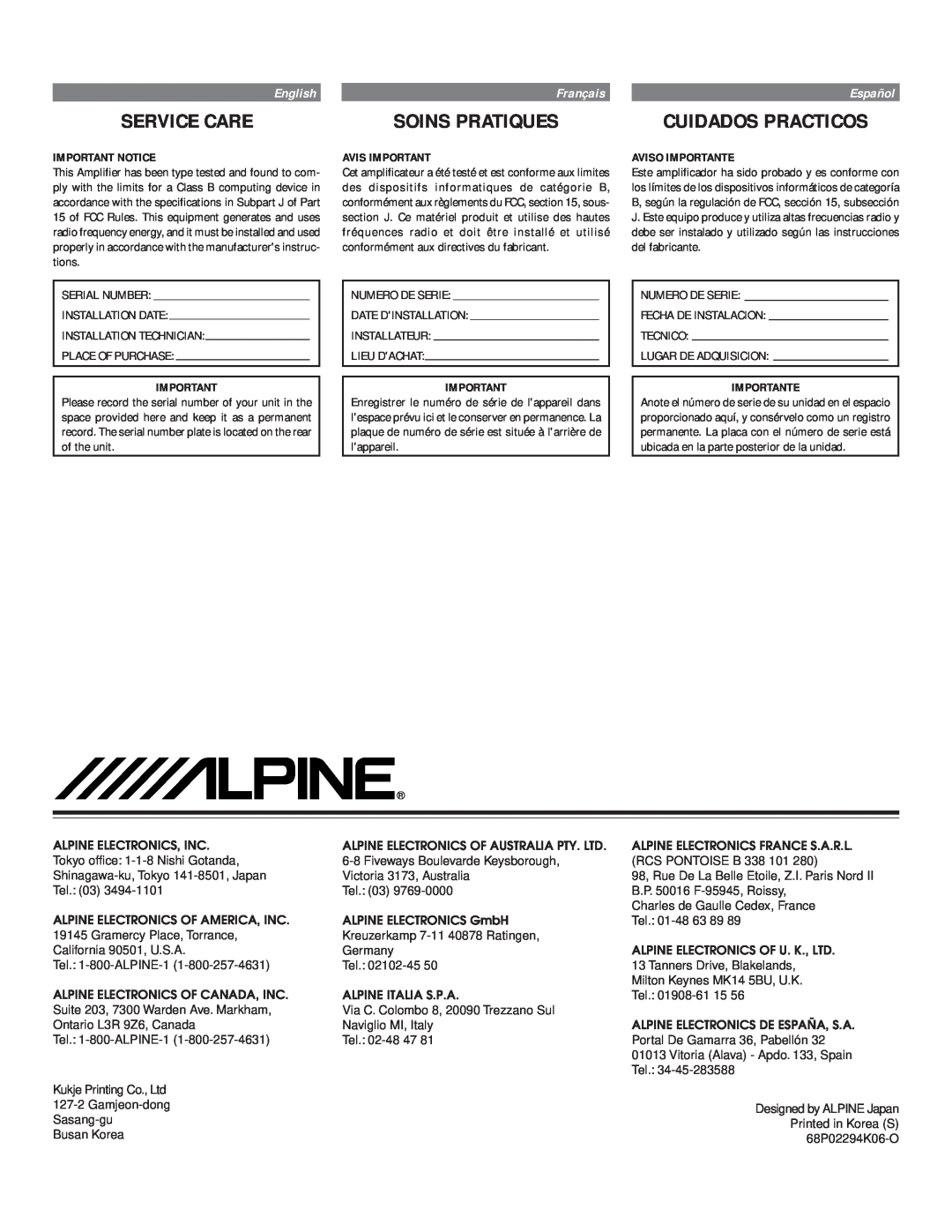 Alpine MRV-F450, MRV-F540, MRV-F340 Service Care, Soins Pratiques, Cuidados Practicos, English, Français, Español 