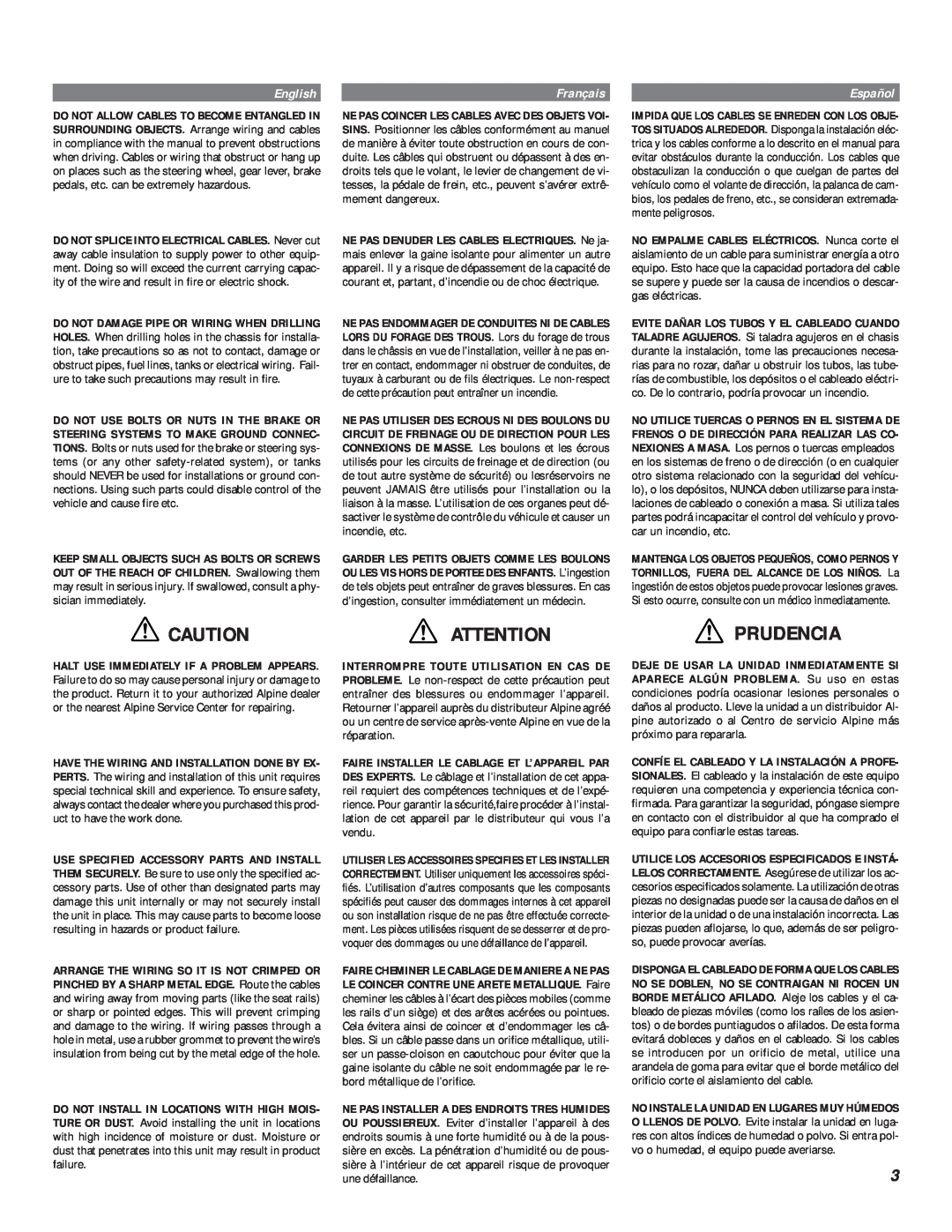 Alpine MRV-F540, MRV-F340, MRV-F450 owner manual Attention Prudencia, English, Français, Español 