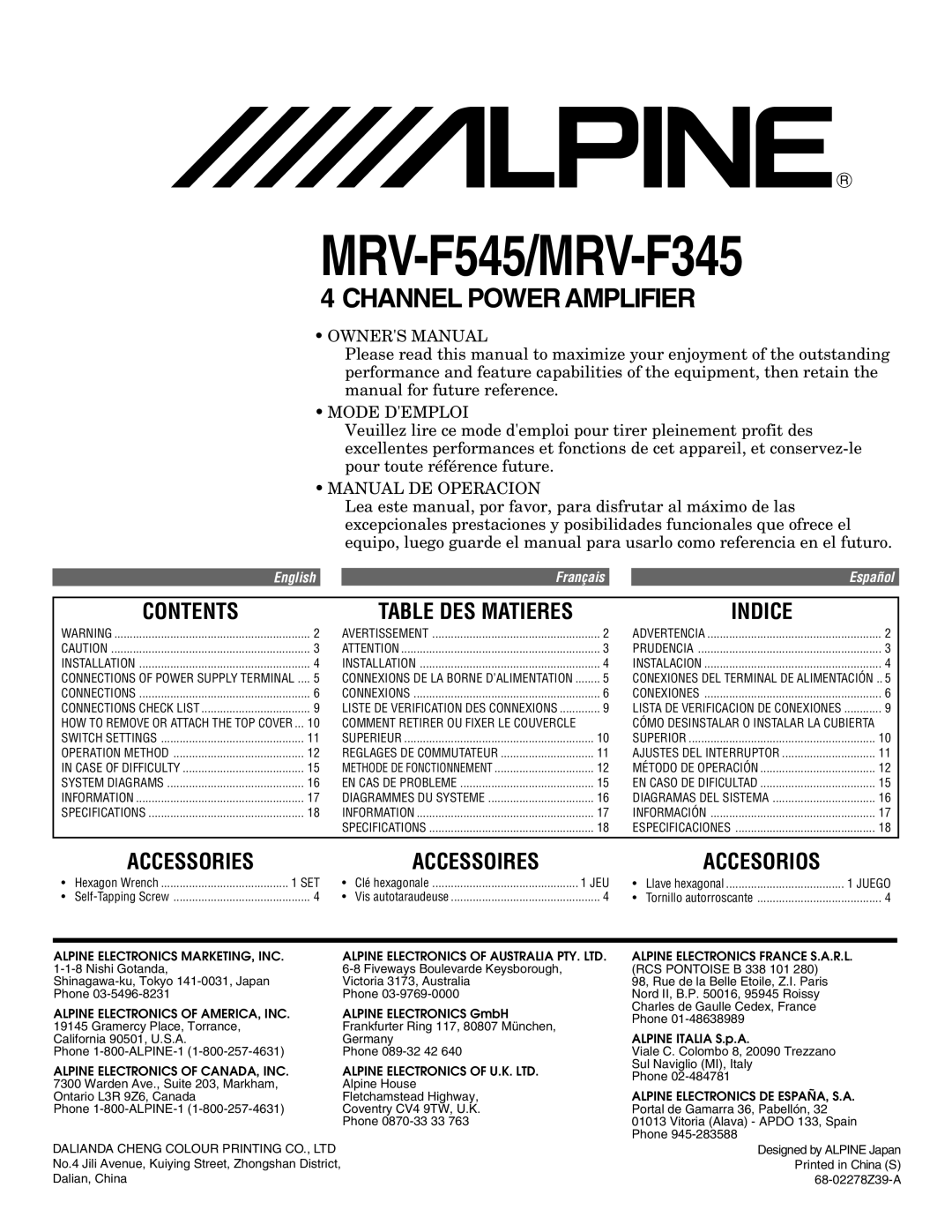 Alpine MRV-F545 owner manual Contents, Indice, Accessories Accessoires, Accesorios, Dalian, China 