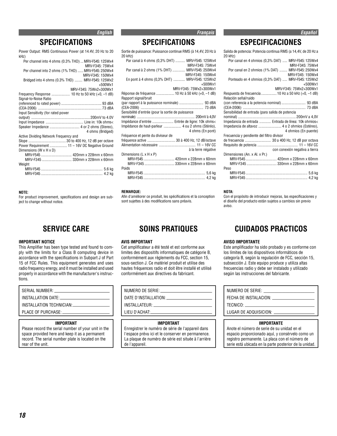 Alpine MRV-F545 owner manual Specifications, Especificaciones, Service Care, Cuidados Practicos, Soins Pratiques 