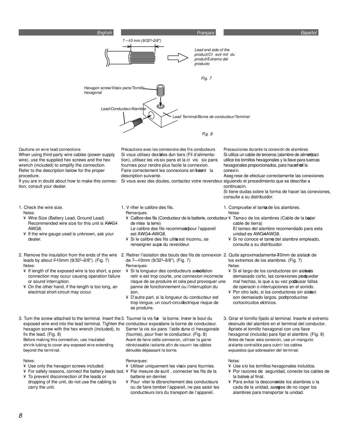 Alpine MRV-F545 owner manual Use only the hexagon screws included, Vérifier le calibre des fils, Remarques, Notas 