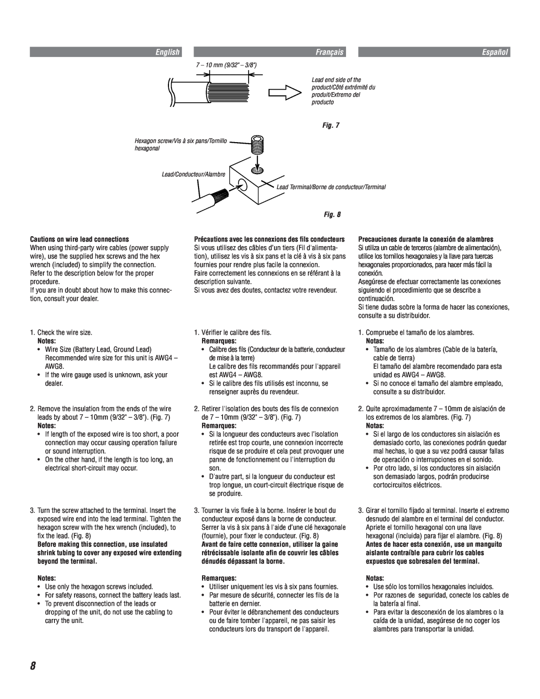 Alpine MRV-F545 owner manual English, Français, Cautions on wire lead connections 