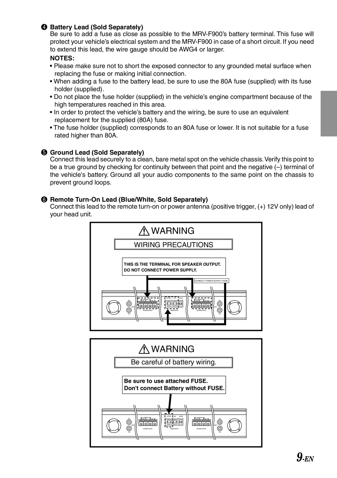 Alpine MRV-F900 manual Be careful of battery wiring 