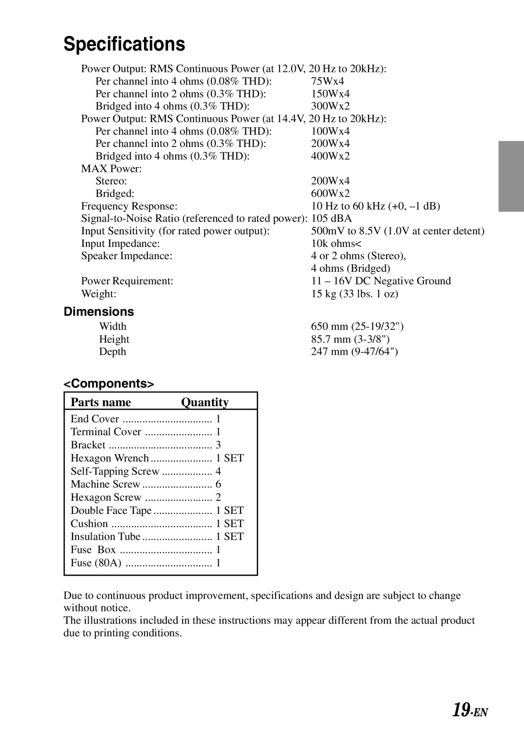 Alpine MRV-F900 manual Specifications 