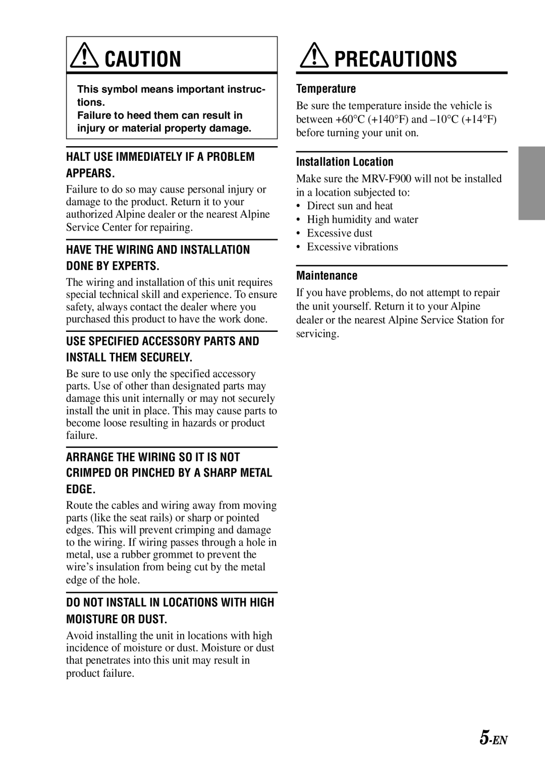 Alpine MRV-F900 manual Temperature, Installation Location, Maintenance 