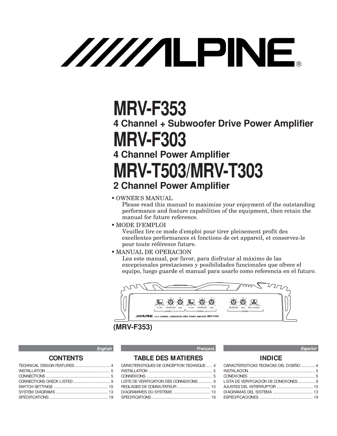 Alpine MRV-F353, MRV-T303, MRV-F303 owner manual Contents, Indice 