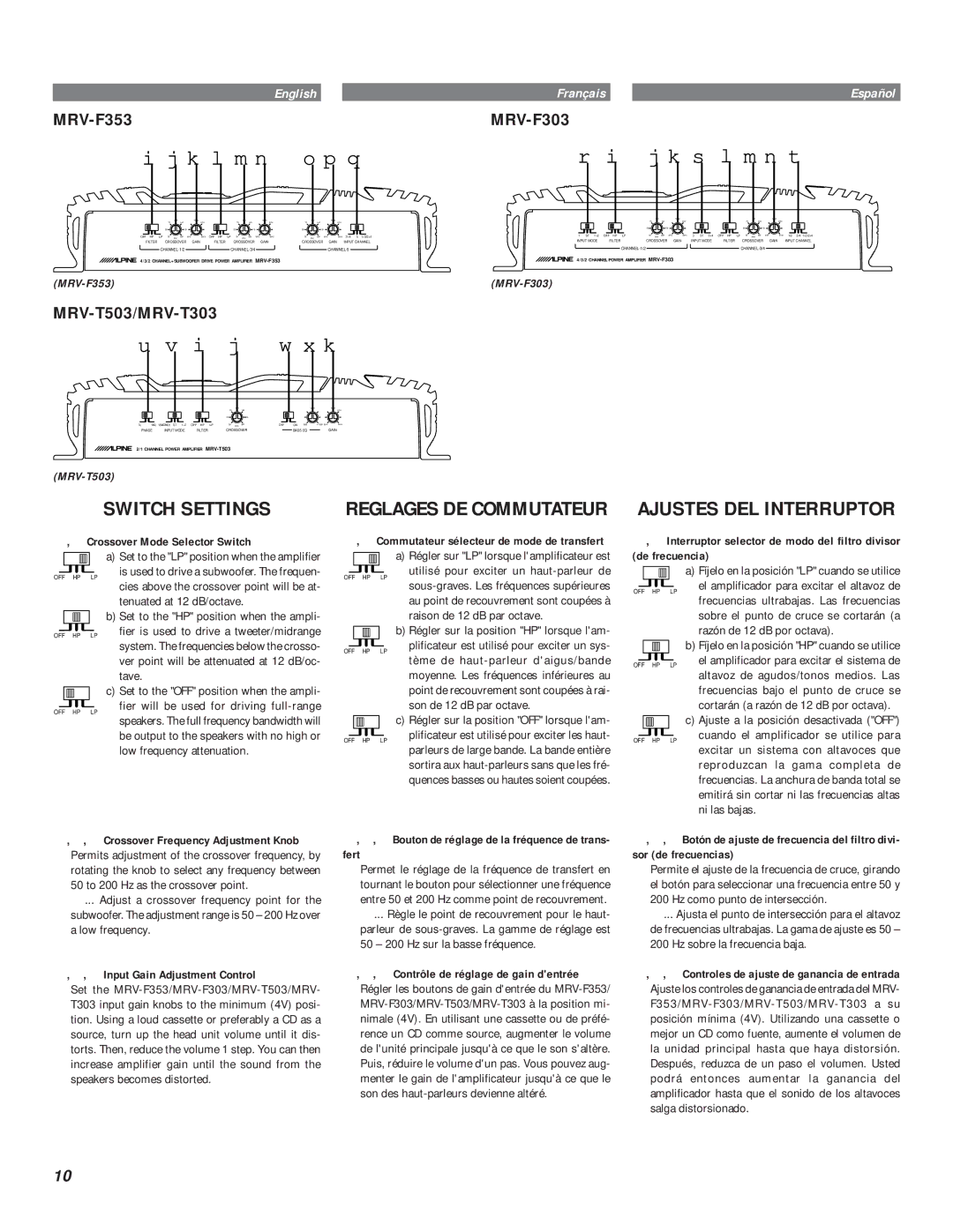 Alpine MRV-F353 Switch Settings, Reglages DE Commutateur, Crossover Mode Selector Switch, Input Gain Adjustment Control 