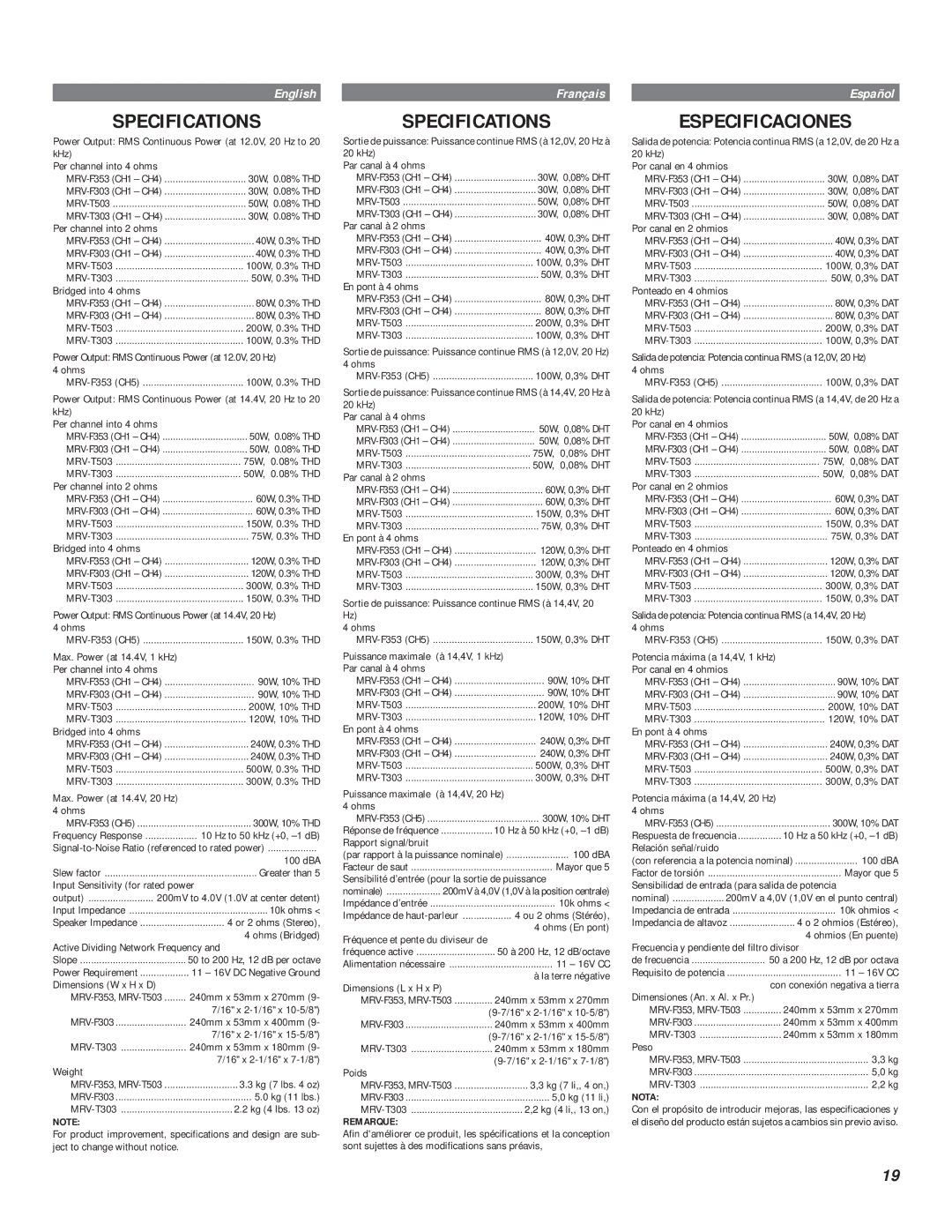 Alpine MRV-F353, MRV-T303, MRV-F303 owner manual Specifications, Especificaciones 