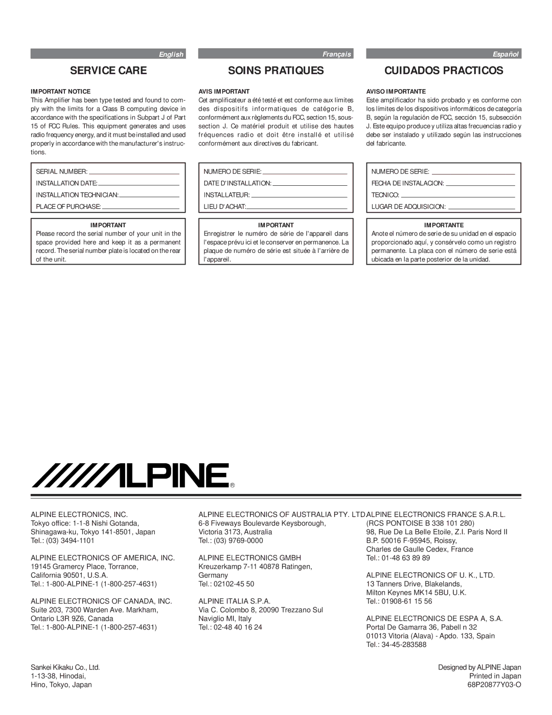 Alpine MRV-F303, MRV-T303, MRV-F353 owner manual Service Care, Soins Pratiques, Cuidados Practicos 